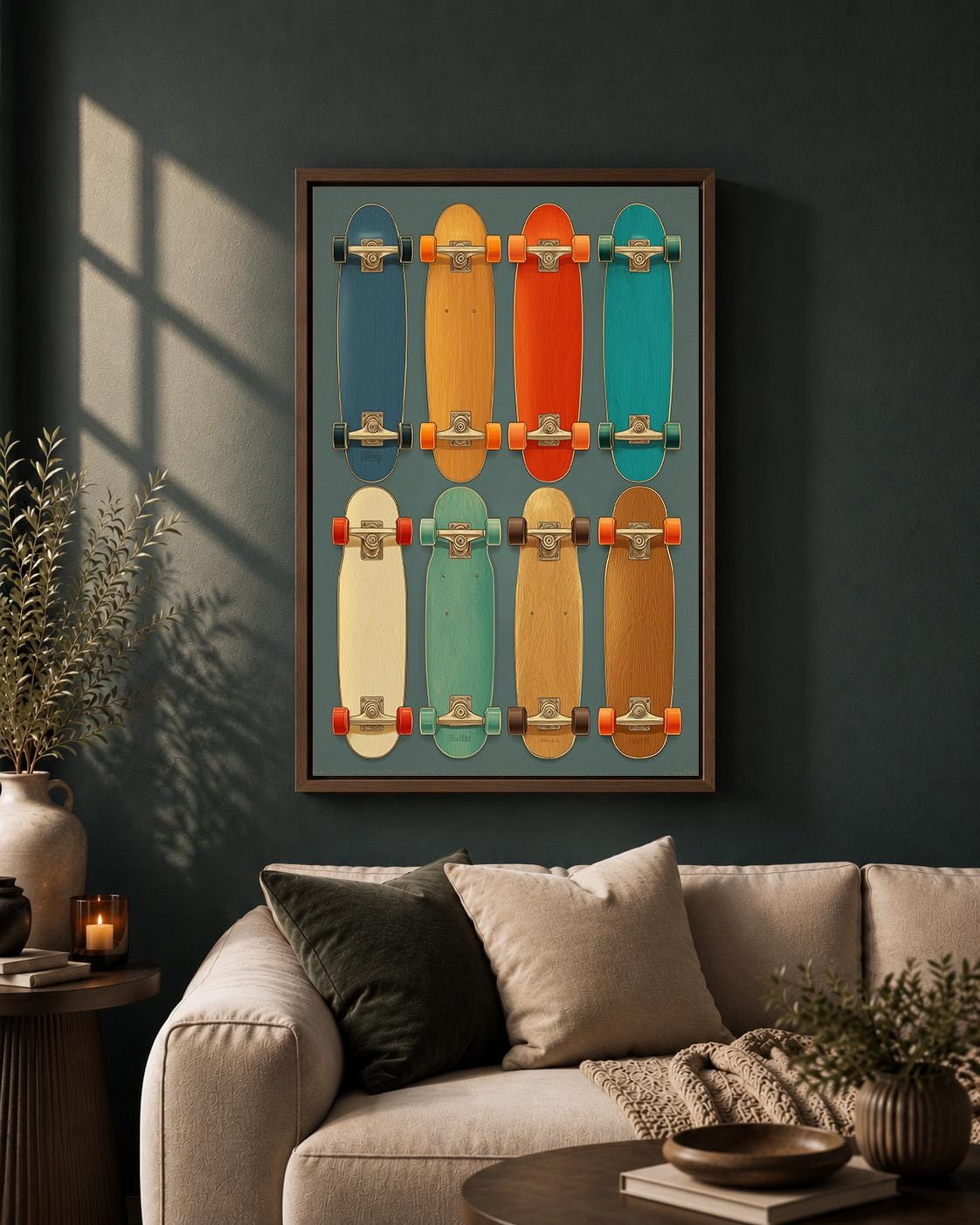 Vintage Skateboarding Colourful Retro Skater Framed Canvas by The Wall Art Studio - physical