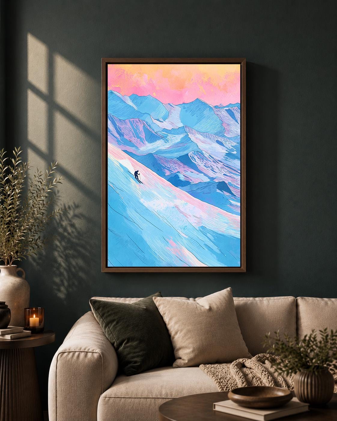 Skiing Colourful Mountain Alpine Ski Winter Sports Framed Canvas by The Wall Art Studio - physical