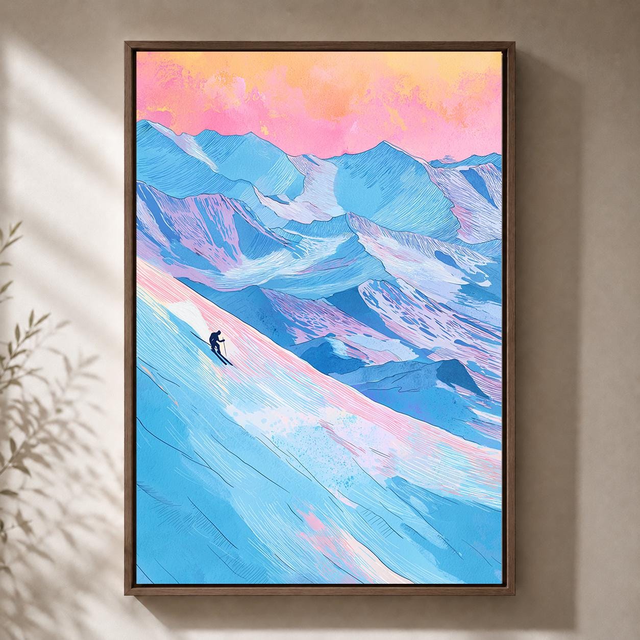 Skiing Colourful Mountain Alpine Ski Winter Sports Framed Canvas by The Wall Art Studio - physical