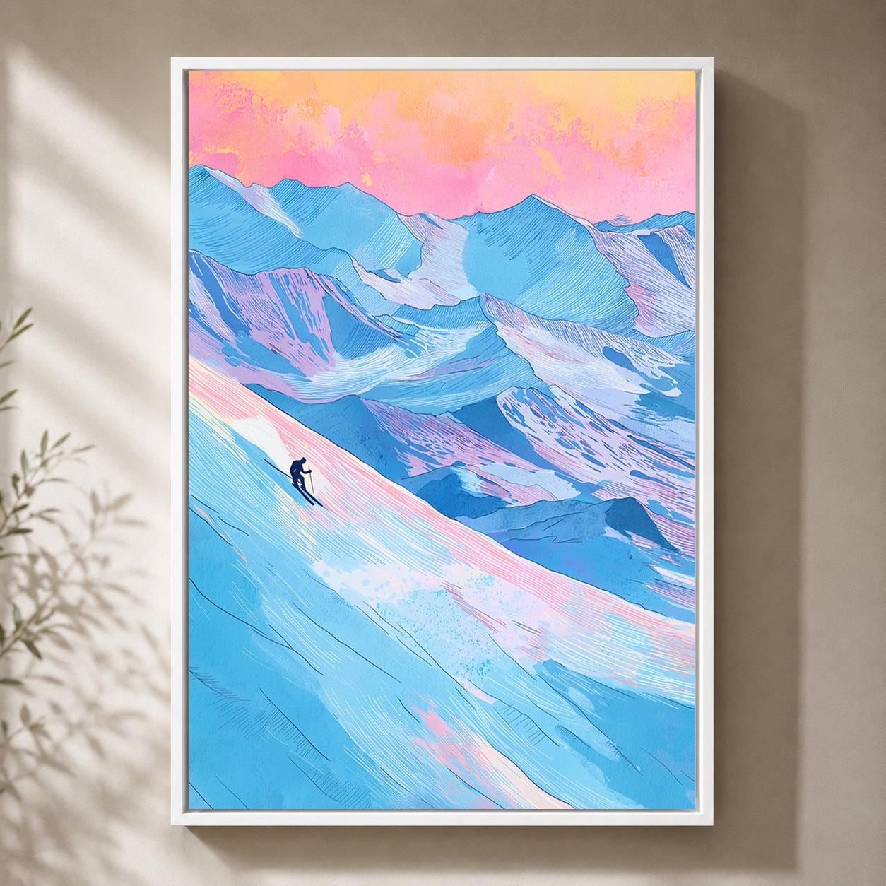 Skiing Colourful Mountain Alpine Ski Winter Sports Framed Canvas by The Wall Art Studio - physical