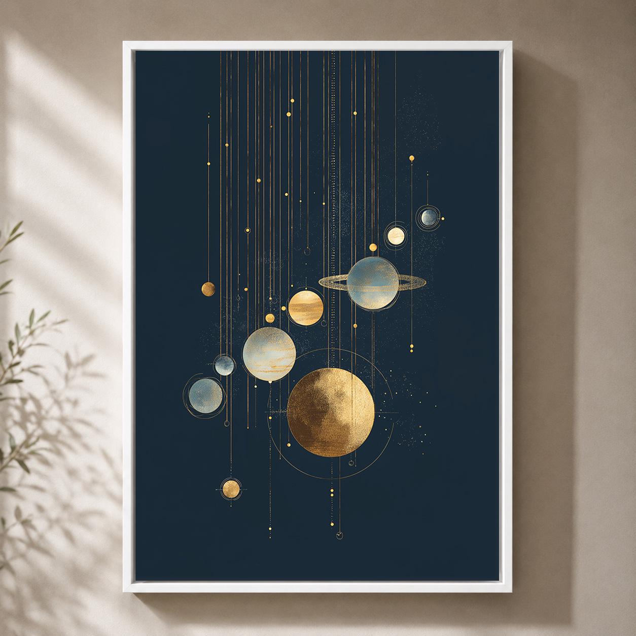 Celestial Gold Planet Modern Cosmic Space Framed Canvas by The Wall Art Studio - physical