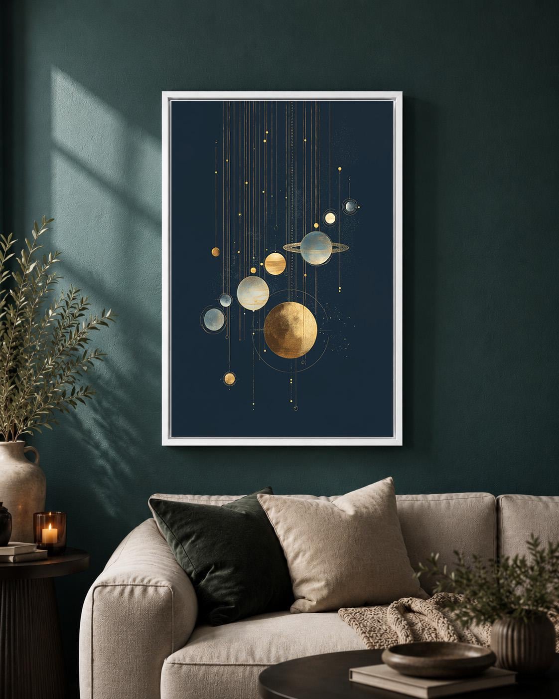 Celestial Gold Planet Modern Cosmic Space Framed Canvas by The Wall Art Studio - physical