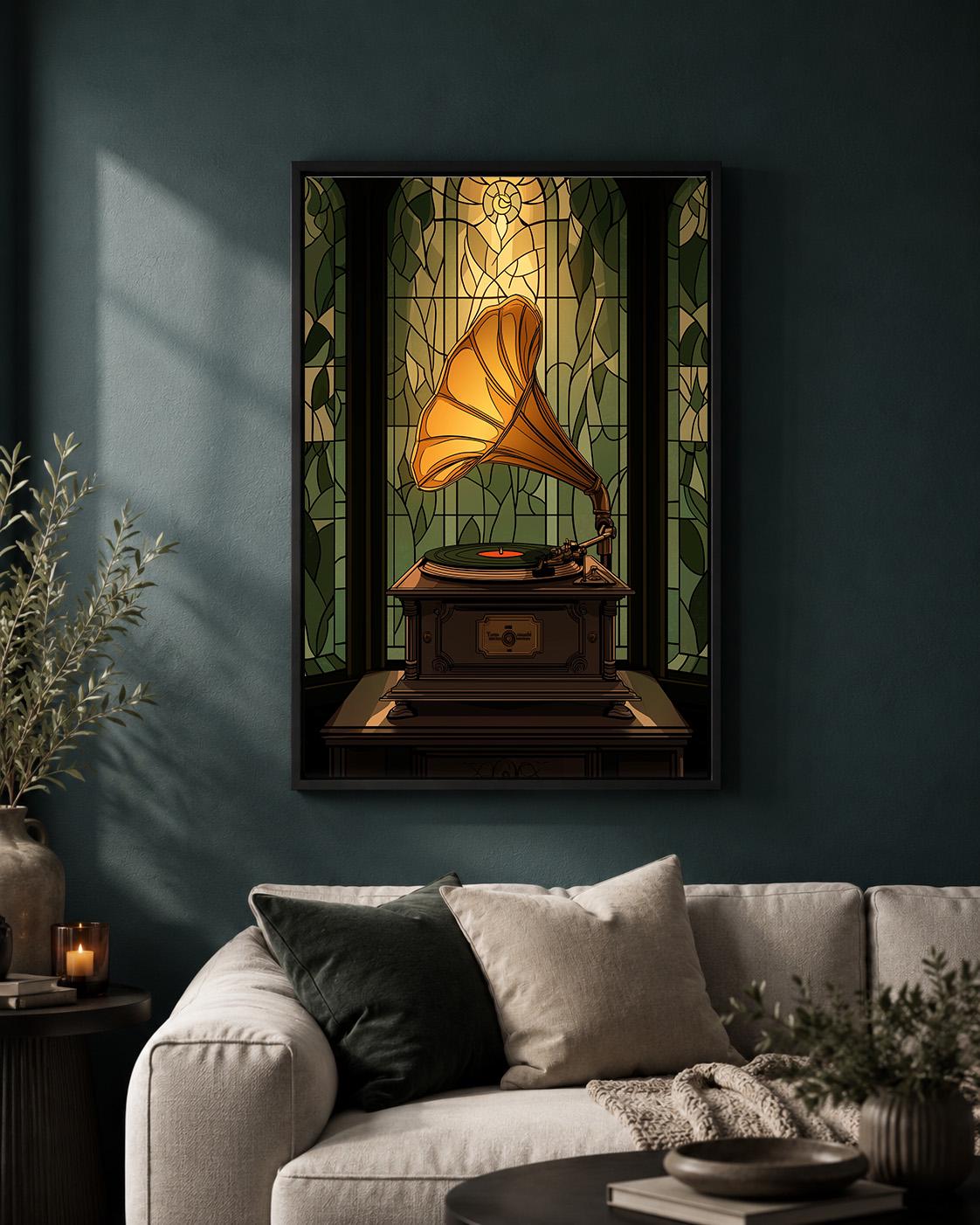 Gramophone Stained Glass Vintage Record Player Art Nouveau Framed Canvas by The Wall Art Studio - physical