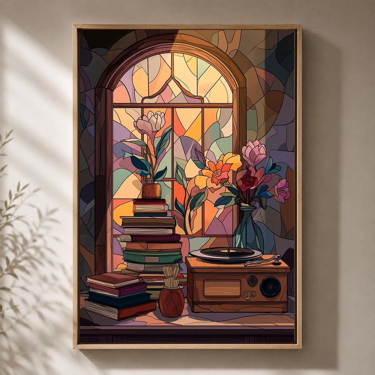Record Player Stained Glass Vintage Vinyl Music Books and Flowers Framed Canvas by The Wall Art Studio - physical