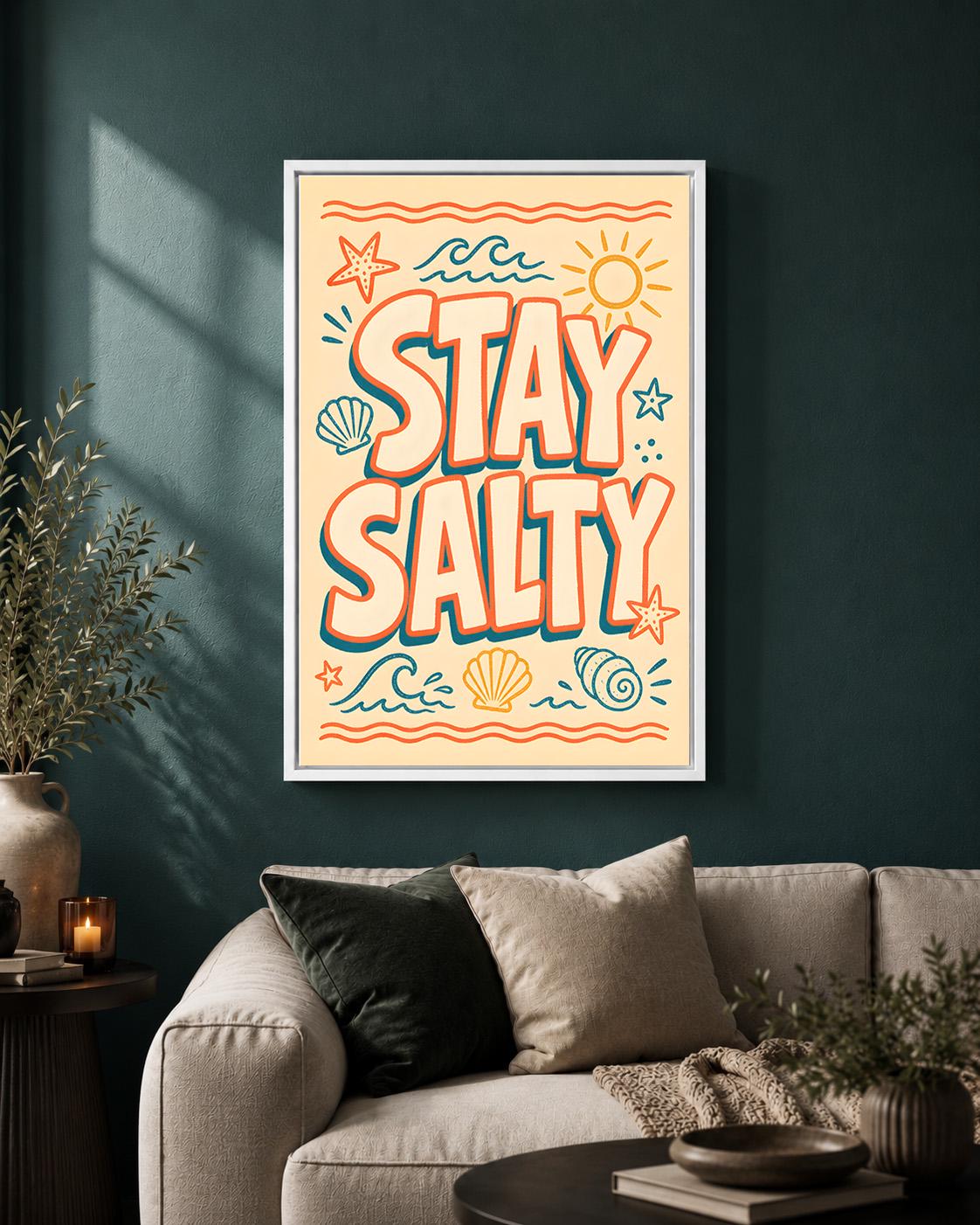 Stay Salty Retro Beach Quote Coastal Summer Seaside Framed Canvas by The Wall Art Studio - physical