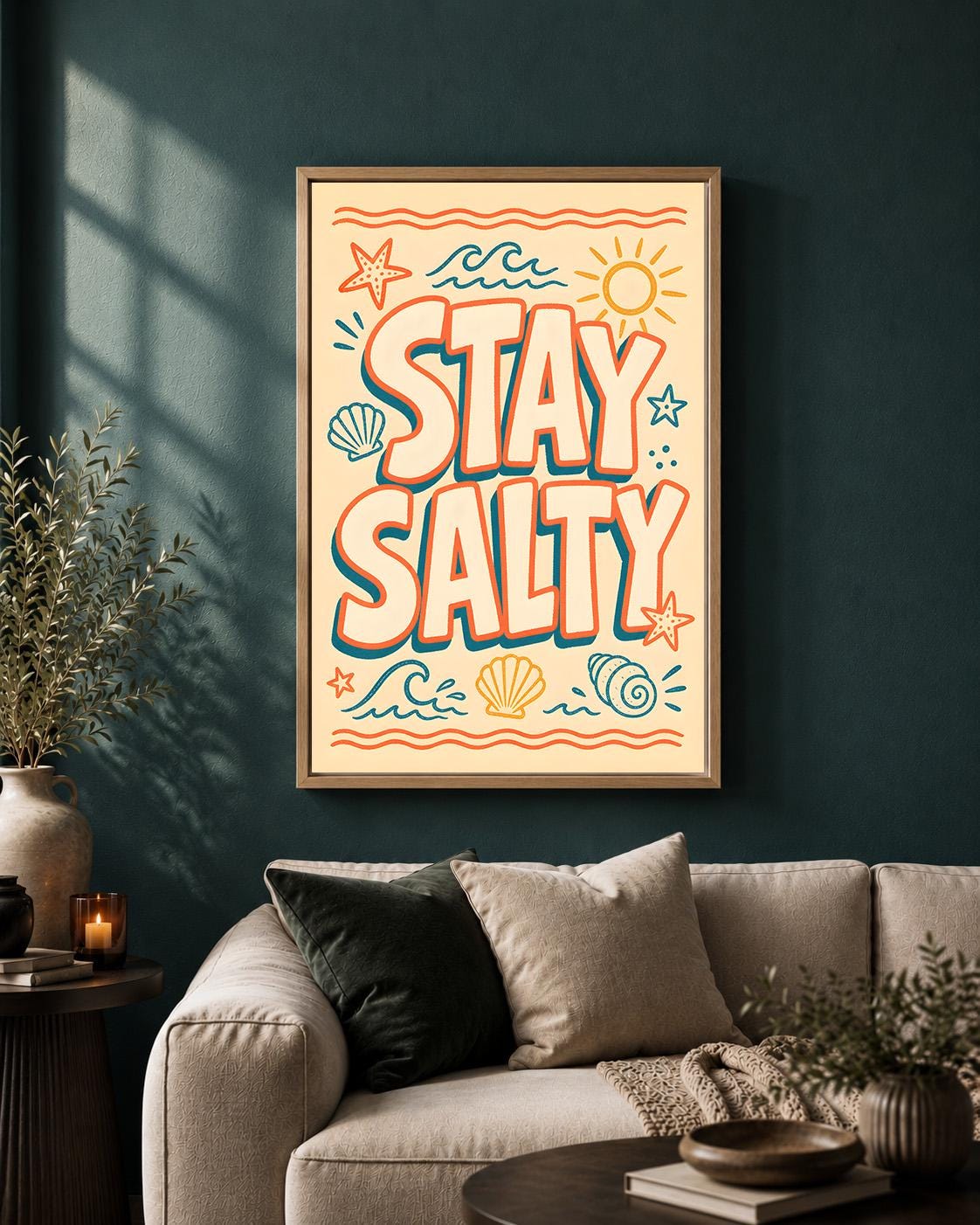 Stay Salty Retro Beach Quote Coastal Summer Seaside Framed Canvas by The Wall Art Studio - physical