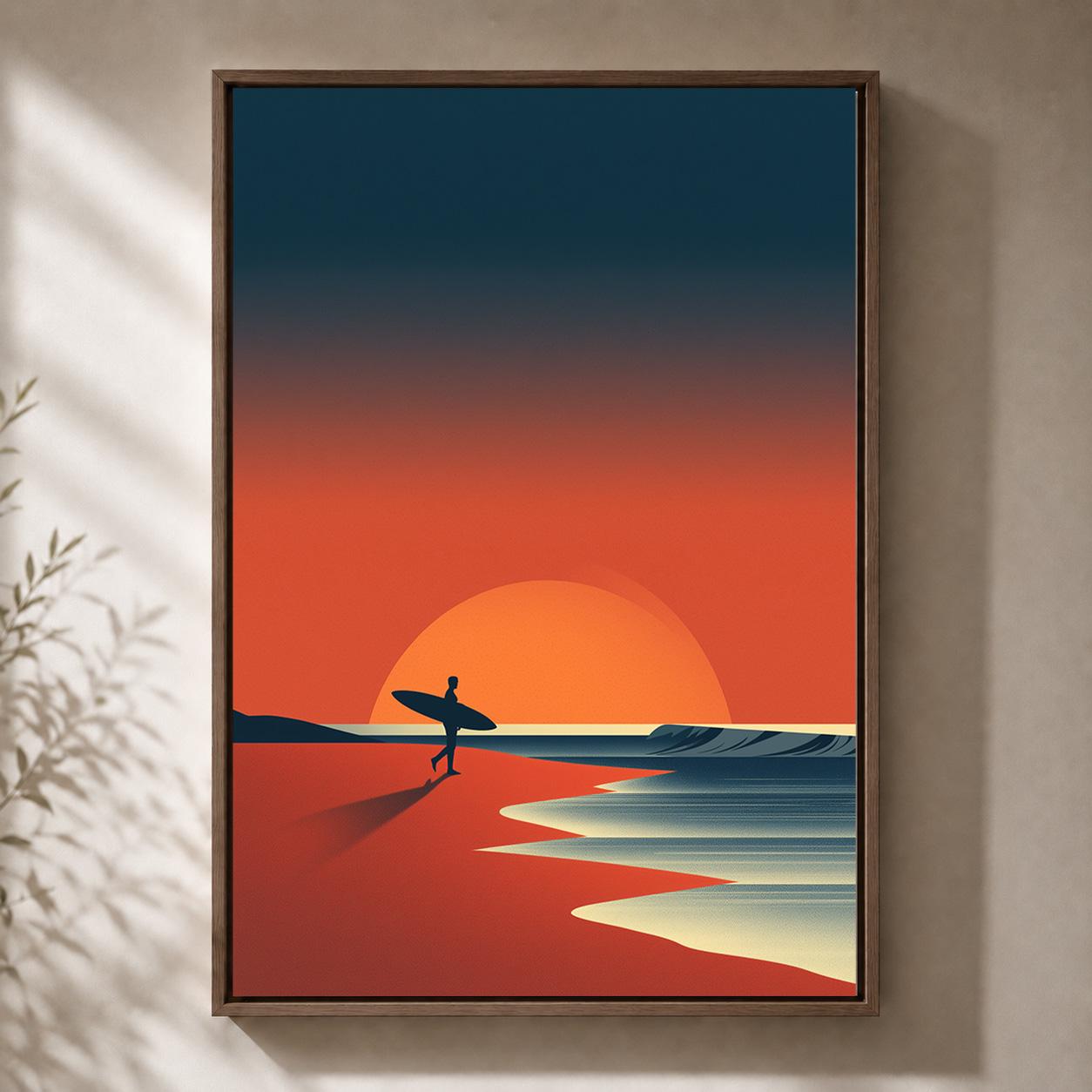 Surfing Sunset Beach Retro Surfer Coastal Ocean Framed Canvas by The Wall Art Studio - physical