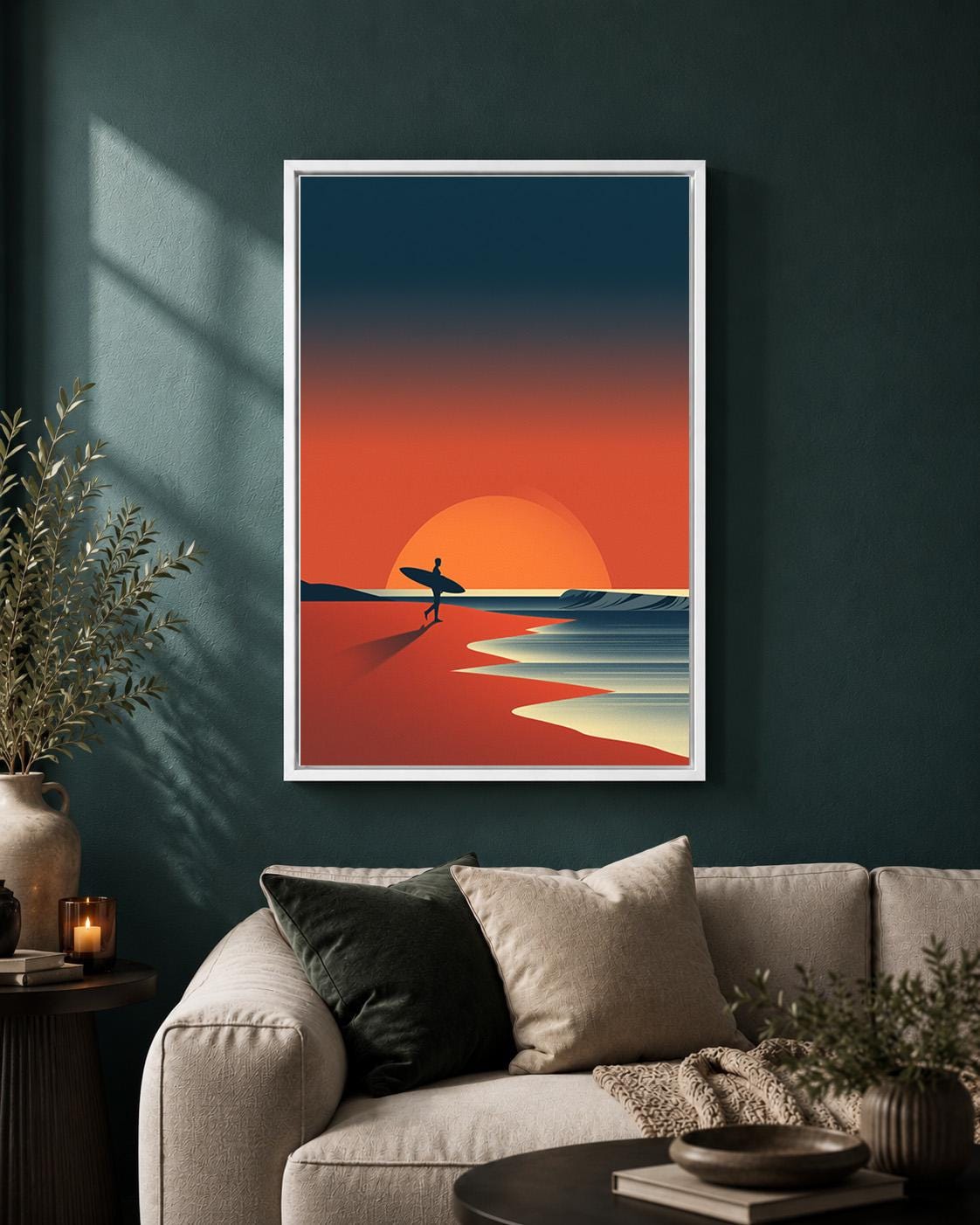 Surfing Sunset Beach Retro Surfer Coastal Ocean Framed Canvas by The Wall Art Studio - physical