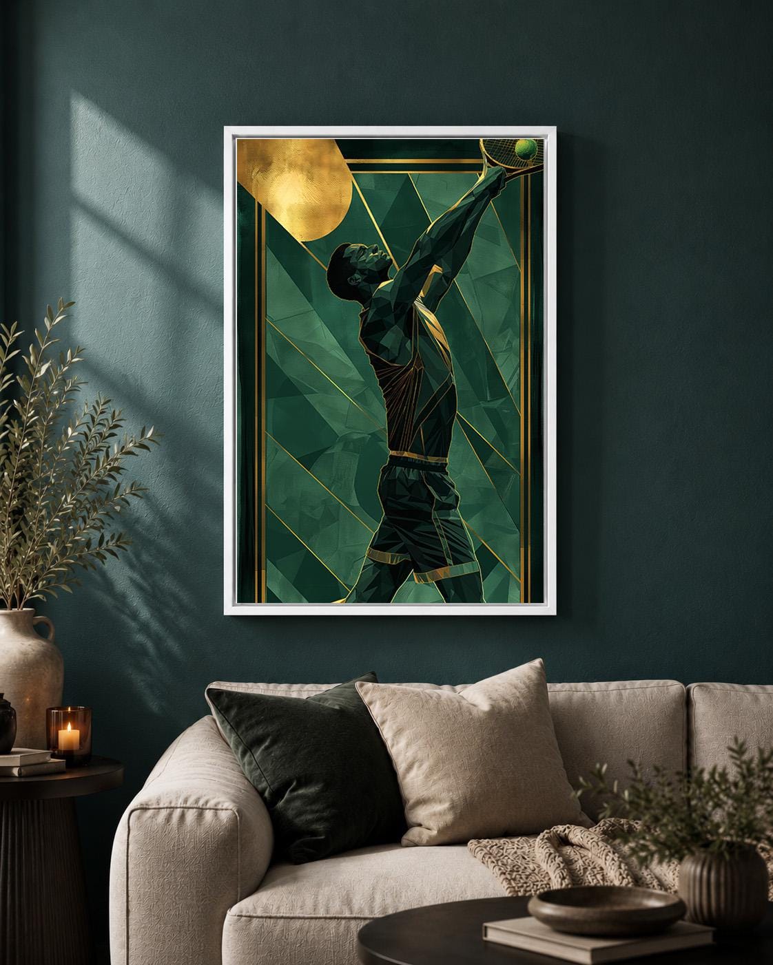 Art Deco Tennis Player Green & Gold Modern Racquet Framed Canvas by The Wall Art Studio - physical