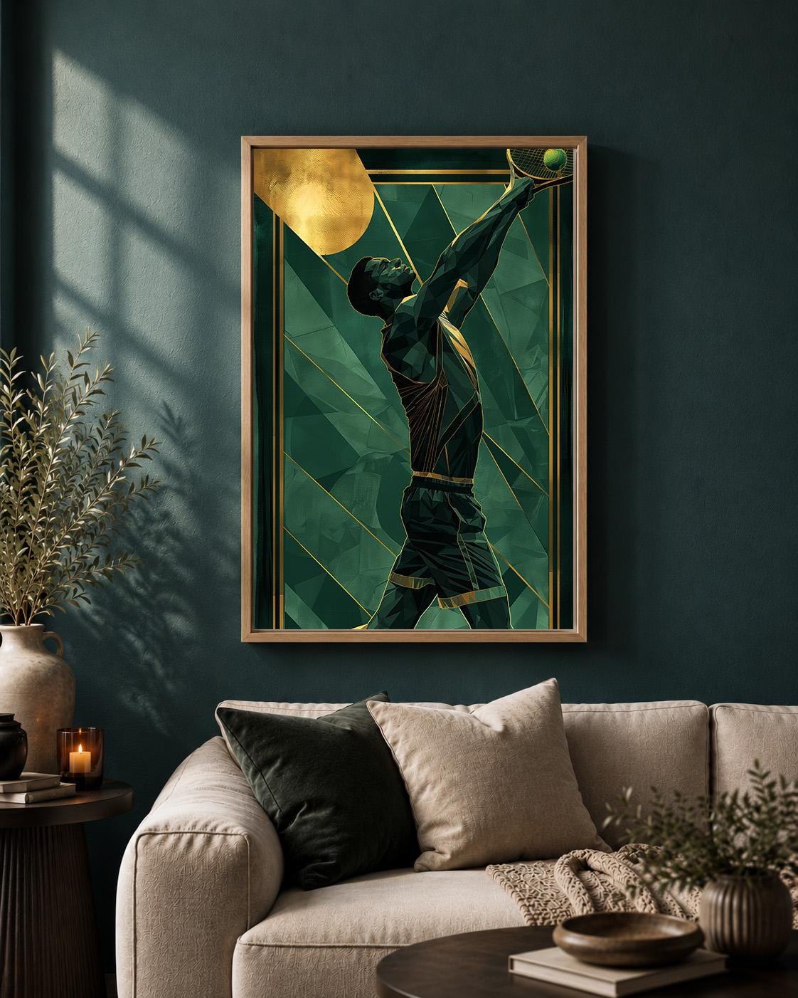 Art Deco Tennis Player Green & Gold Modern Racquet Framed Canvas by The Wall Art Studio - physical