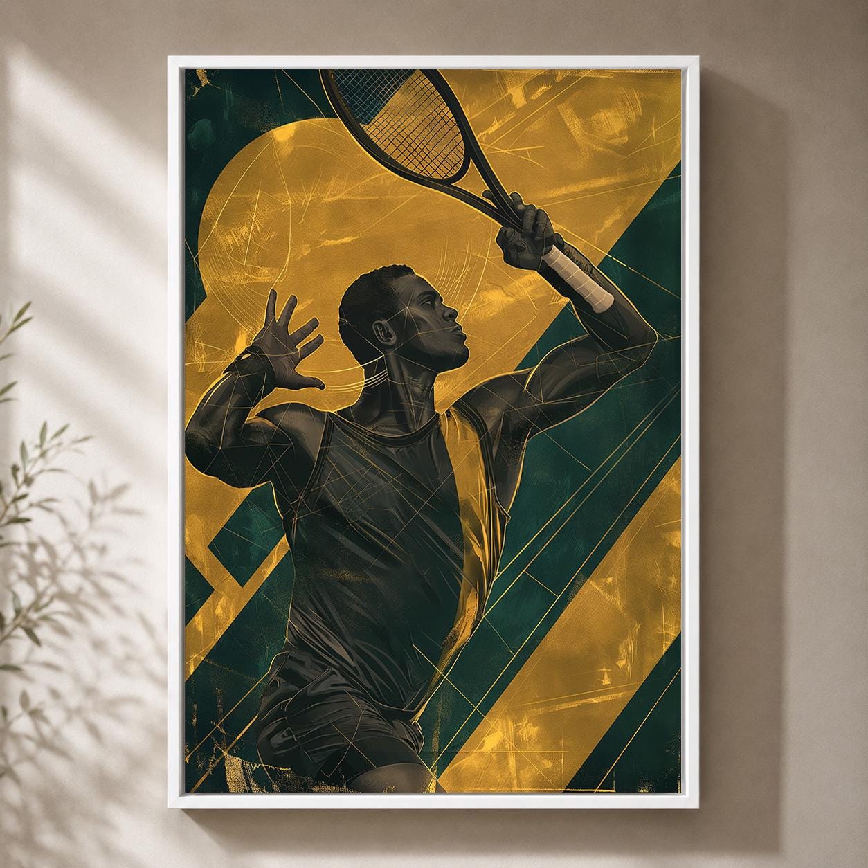 Green & Gold Tennis Player Sports Framed Canvas by The Wall Art Studio - physical