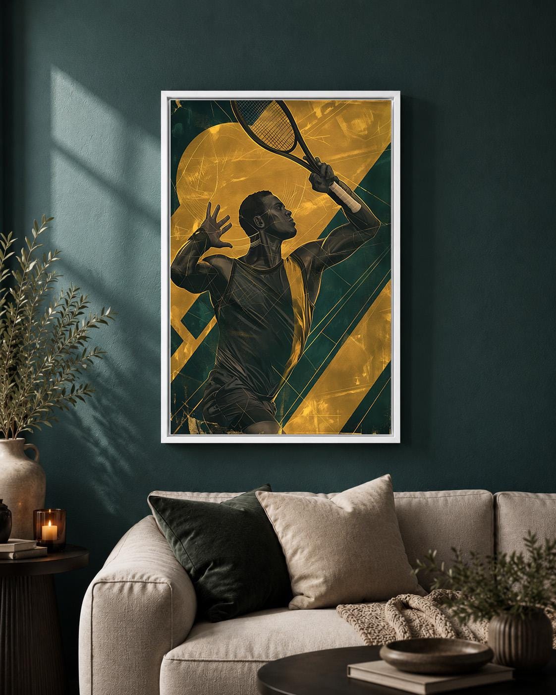 Green & Gold Tennis Player Sports Framed Canvas by The Wall Art Studio - physical