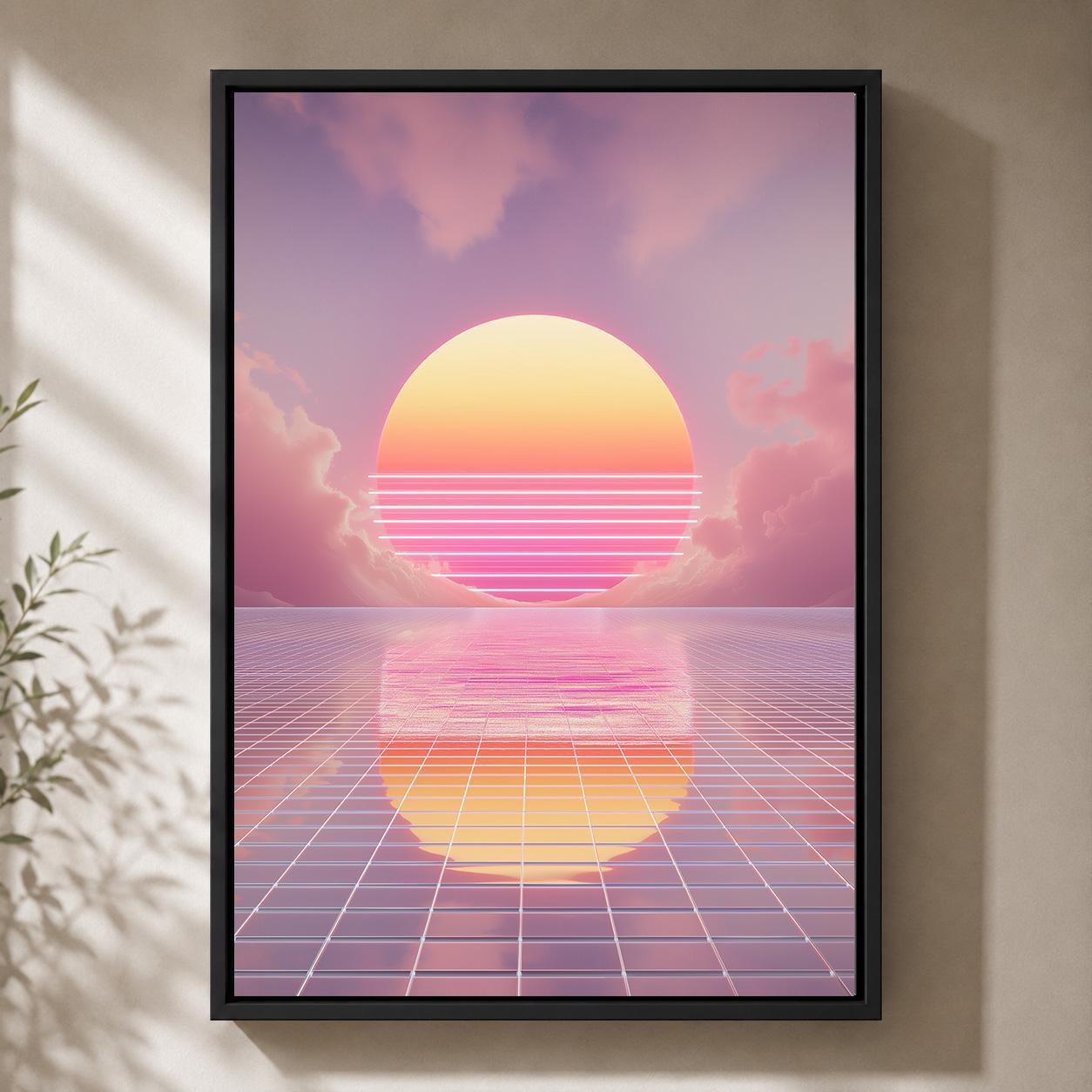 Vaporwave Sunset Retro Futuristic Pink Synthwave 80s Inspired Framed Canvas by The Wall Art Studio - physical