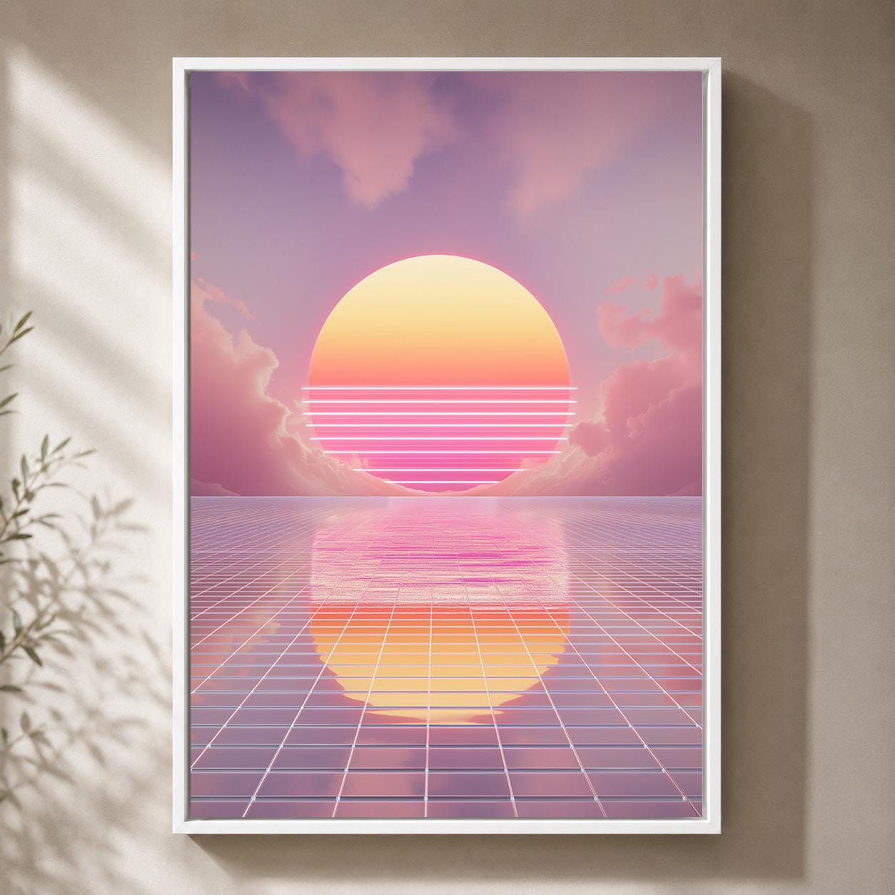 Vaporwave Sunset Retro Futuristic Pink Synthwave 80s Inspired Framed Canvas by The Wall Art Studio - physical