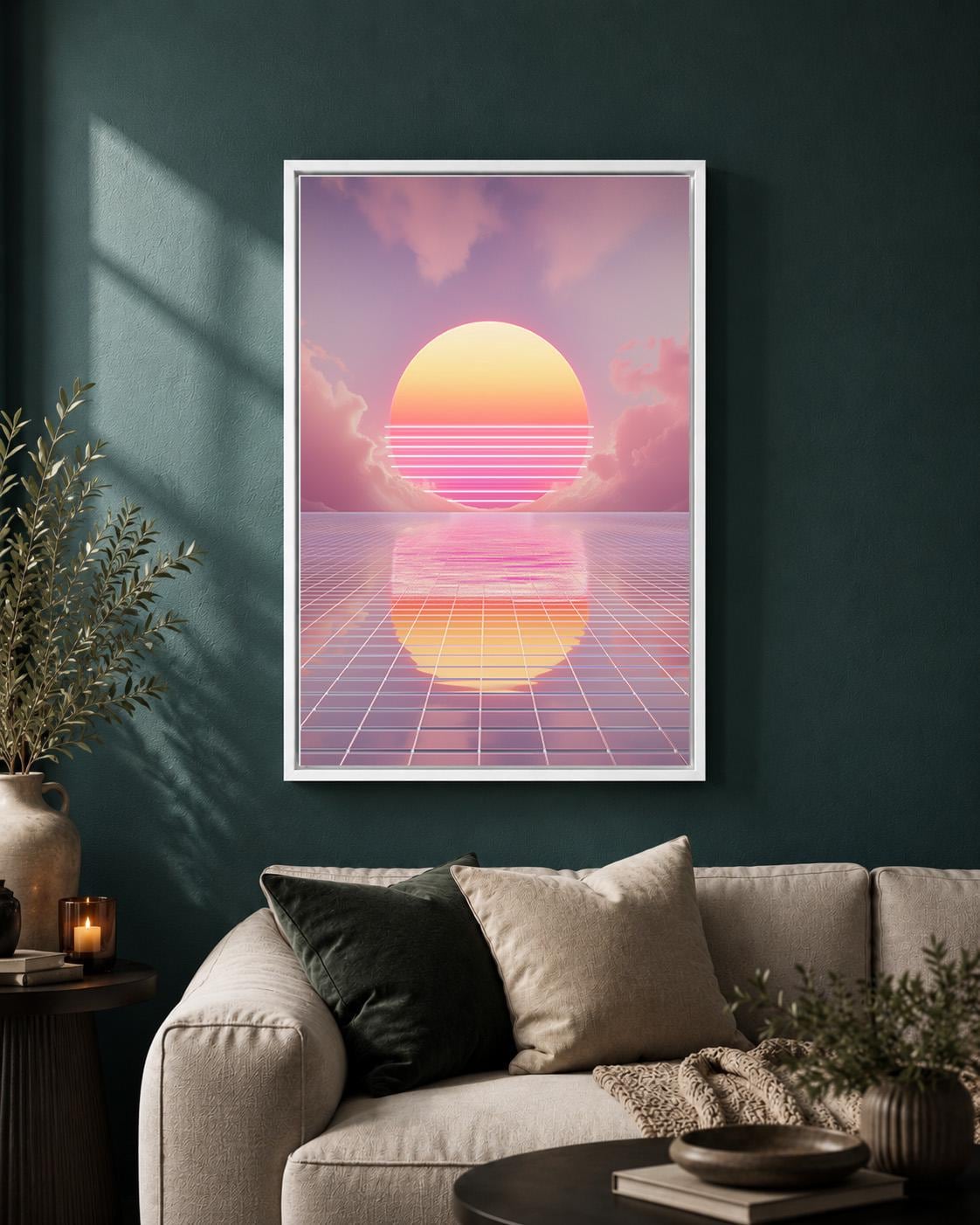 Vaporwave Sunset Retro Futuristic Pink Synthwave 80s Inspired Framed Canvas by The Wall Art Studio - physical