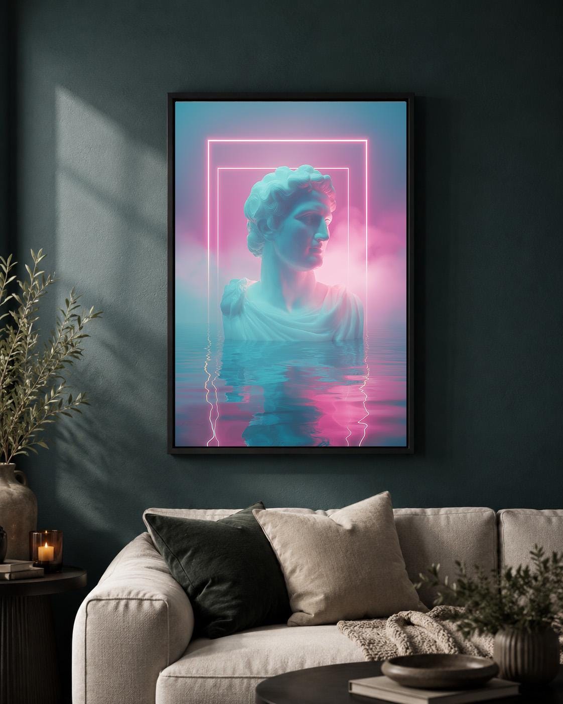 Vaporwave Greek Statue Neon Synthwave Retro Futuristic Framed Canvas by The Wall Art Studio - physical