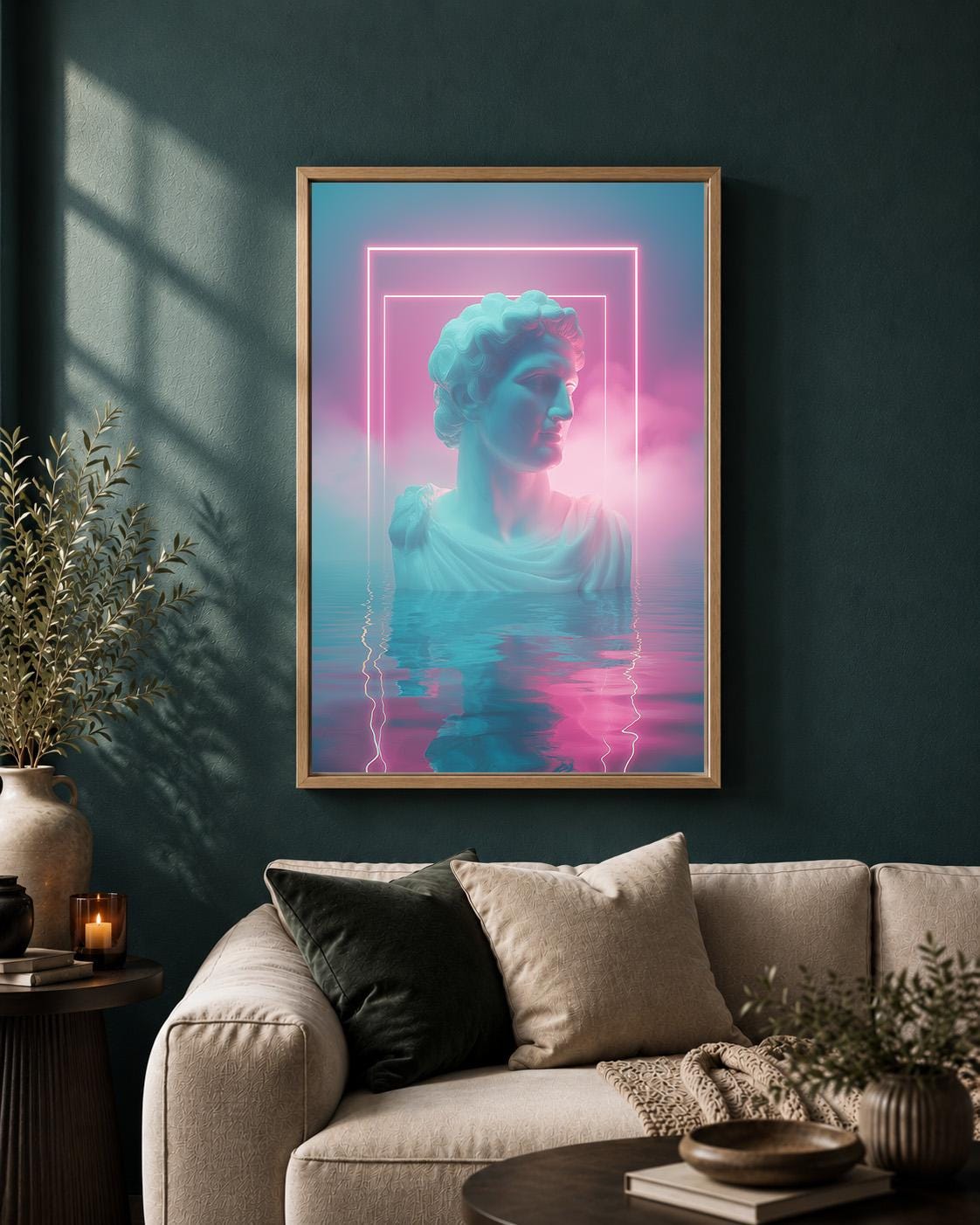 Vaporwave Greek Statue Neon Synthwave Retro Futuristic Framed Canvas by The Wall Art Studio - physical