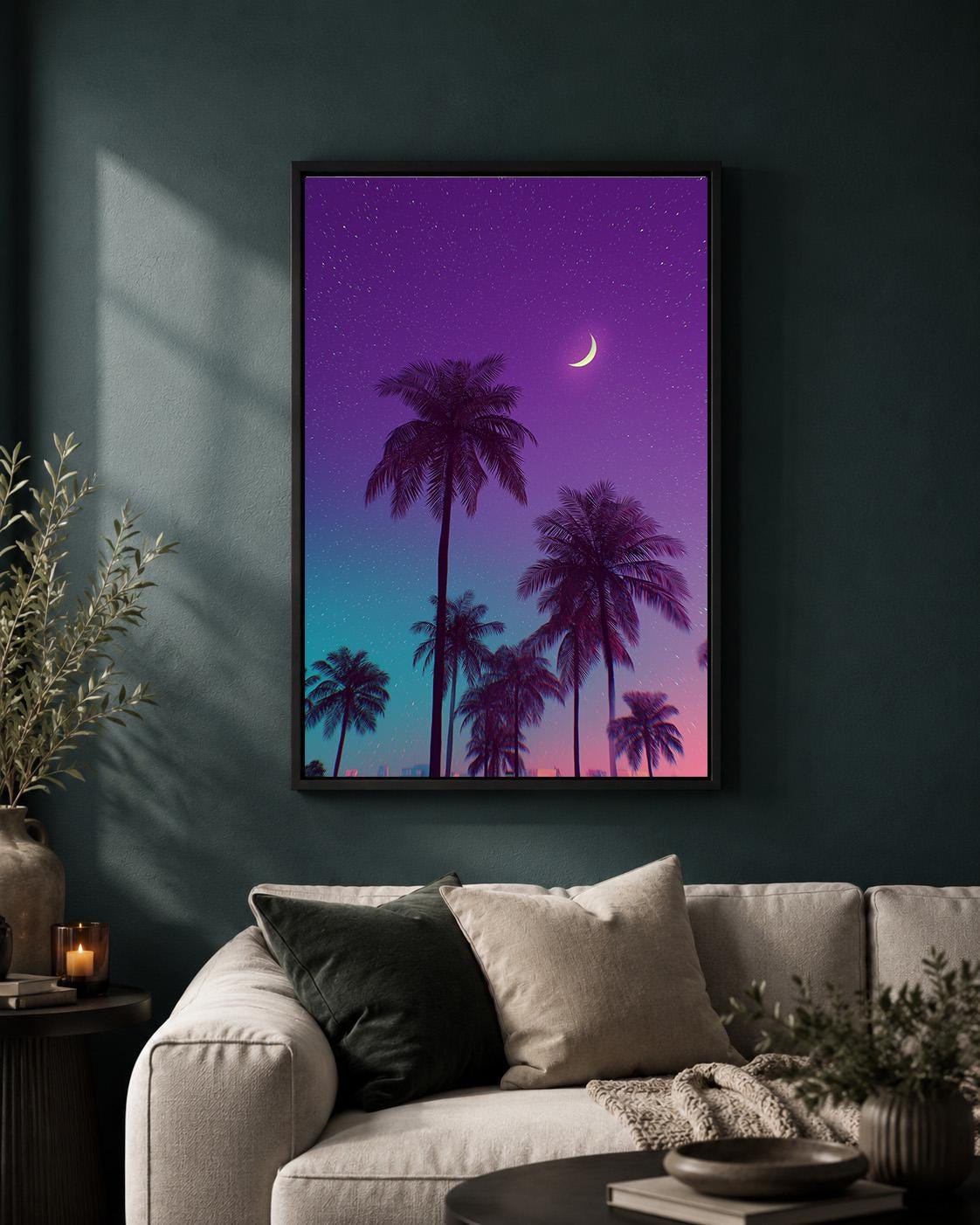 Vaporwave Palm Tree Neon Tropical Sunset Retro Synthwave Framed Canvas by The Wall Art Studio - physical