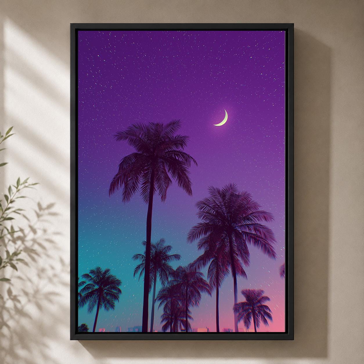 Vaporwave Palm Tree Neon Tropical Sunset Retro Synthwave Framed Canvas by The Wall Art Studio - physical