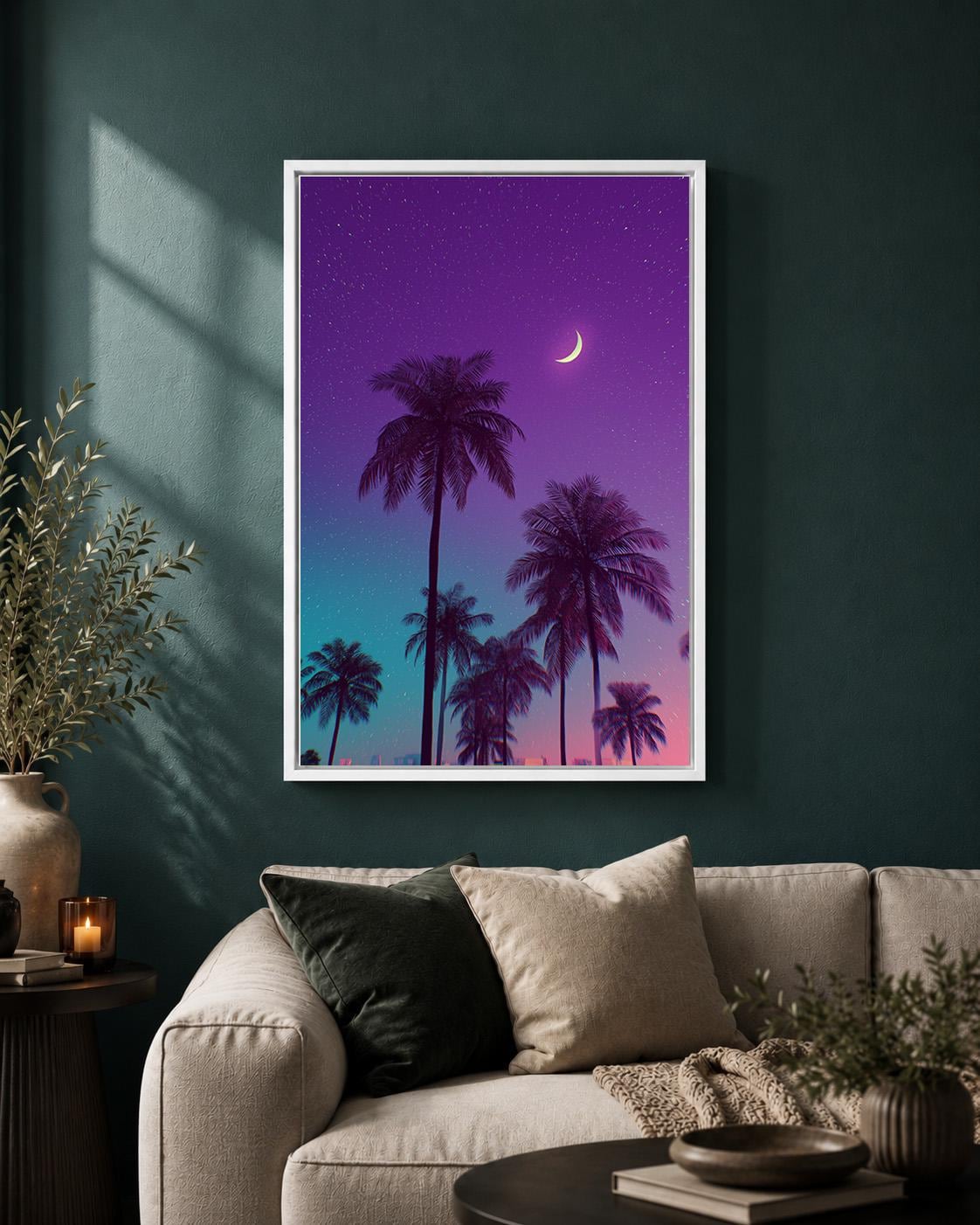 Vaporwave Palm Tree Neon Tropical Sunset Retro Synthwave Framed Canvas by The Wall Art Studio - physical