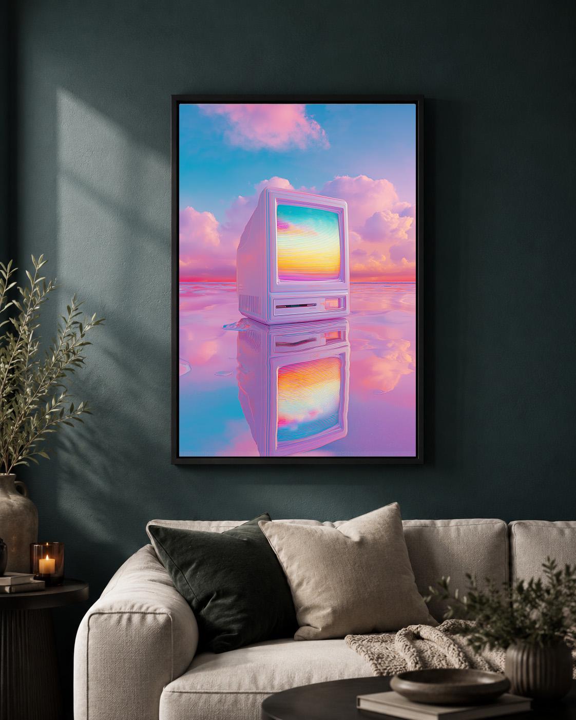 Vaporwave Retro Computer Neon Pink & Blue 80s Technology Lo Fi Framed Canvas by The Wall Art Studio - physical