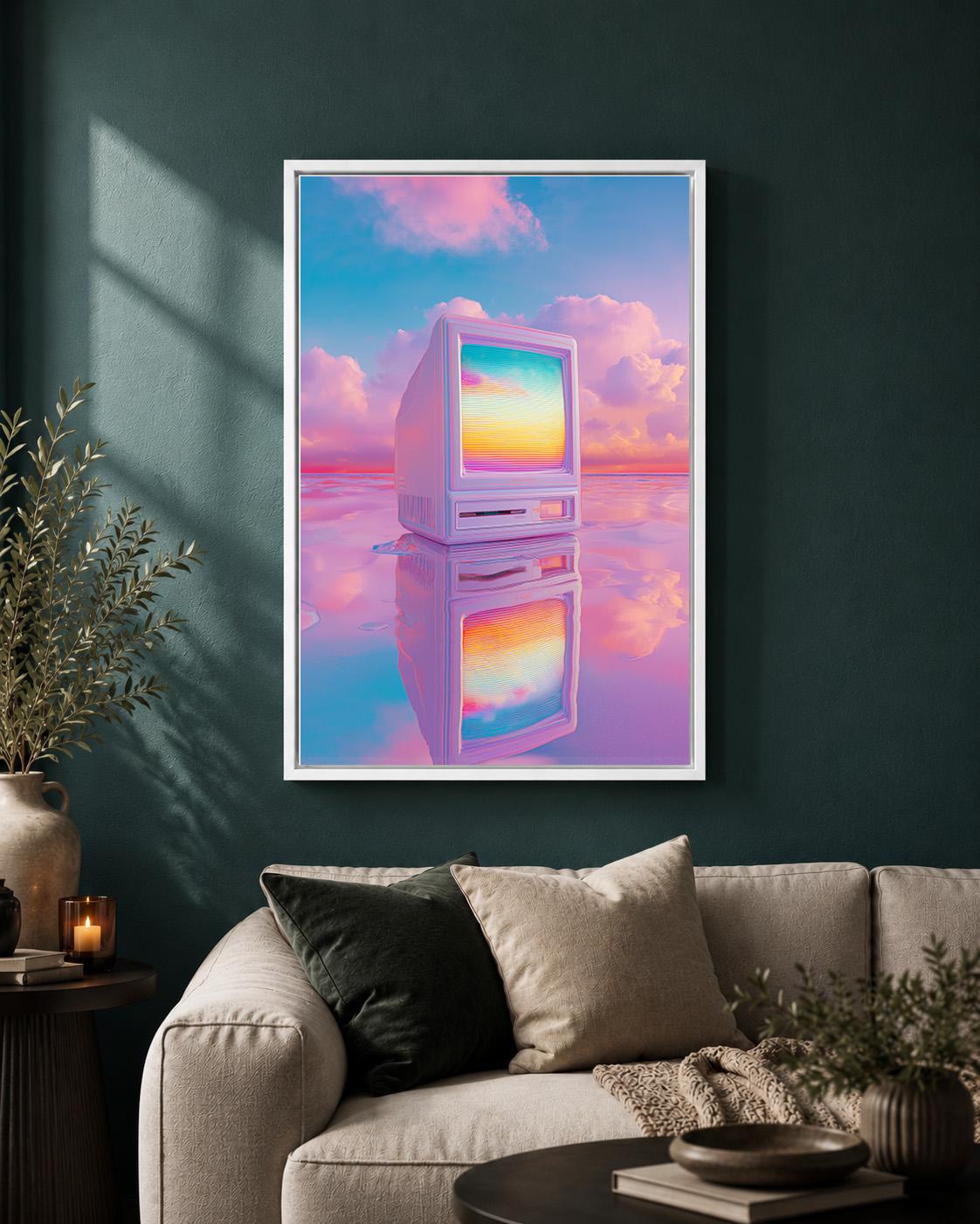 Vaporwave Retro Computer Neon Pink & Blue 80s Technology Lo Fi Framed Canvas by The Wall Art Studio - physical