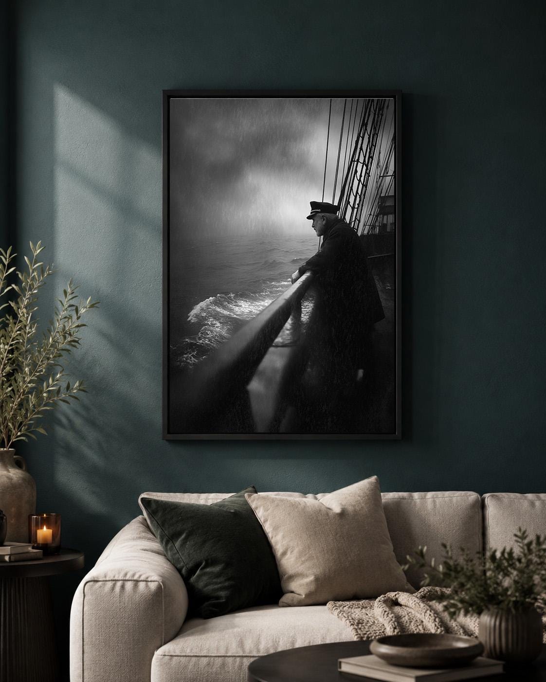 Black and White Ship Captain Vintage Maritime Stormy Ocean Sailor Framed Canvas by The Wall Art Studio - physical