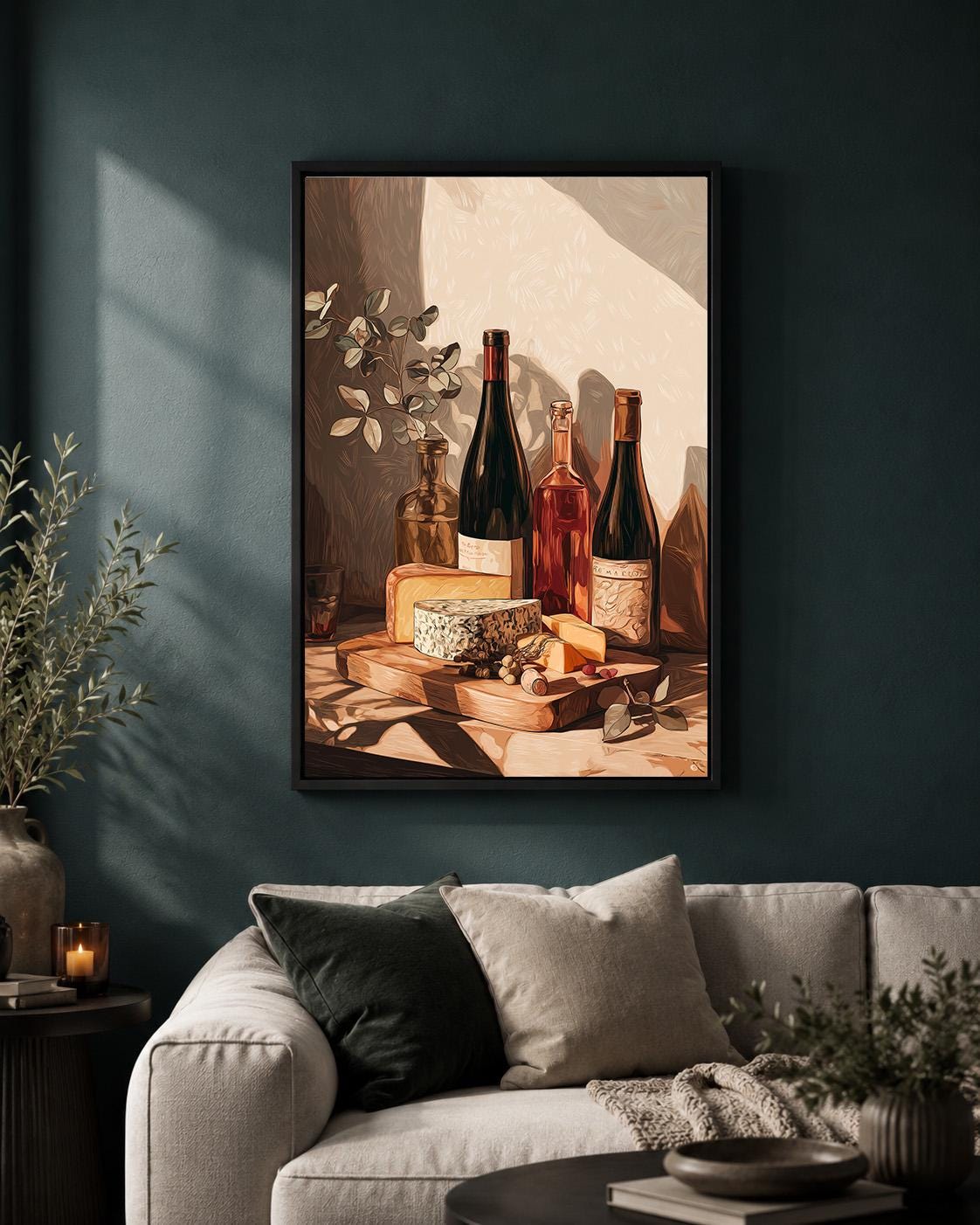 Wine and Cheese Rustic Kitchen Wine Bottle Still Life Charcuterie Framed Canvas by The Wall Art Studio - physical