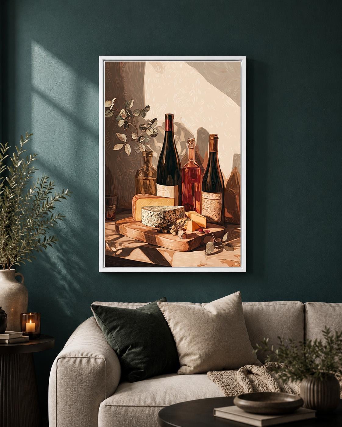 Wine and Cheese Rustic Kitchen Wine Bottle Still Life Charcuterie Framed Canvas by The Wall Art Studio - physical