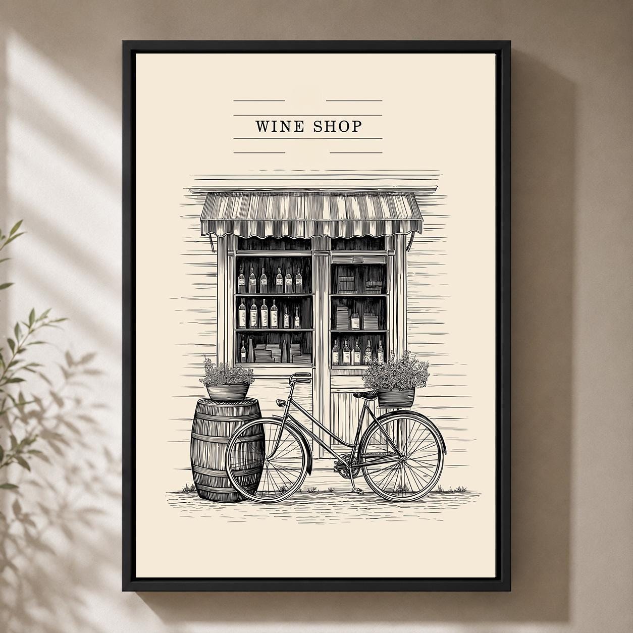 Vintage Wine Shop Paris Bistro Bicycle French Street Sketch Framed Canvas by The Wall Art Studio - physical
