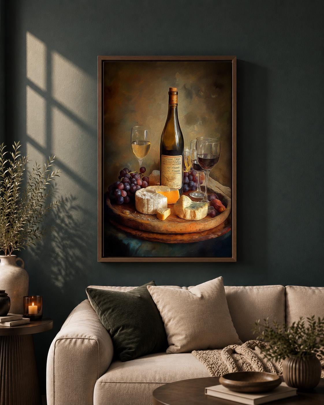 Vintage Wine and Cheese Still Life Rustic Kitchen Framed Canvas by The Wall Art Studio - physical