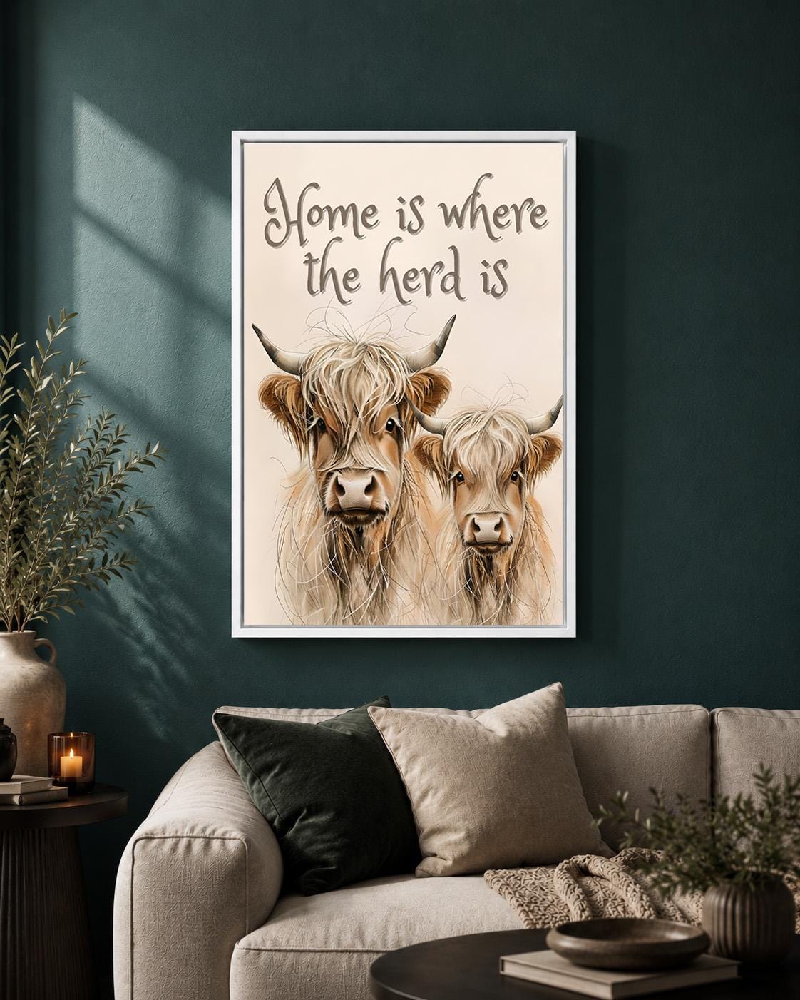 Highland Cow "Home Is Where the Herd Is" Scottish Highland Cattle Wall Art by The Wall Art Studio - physical