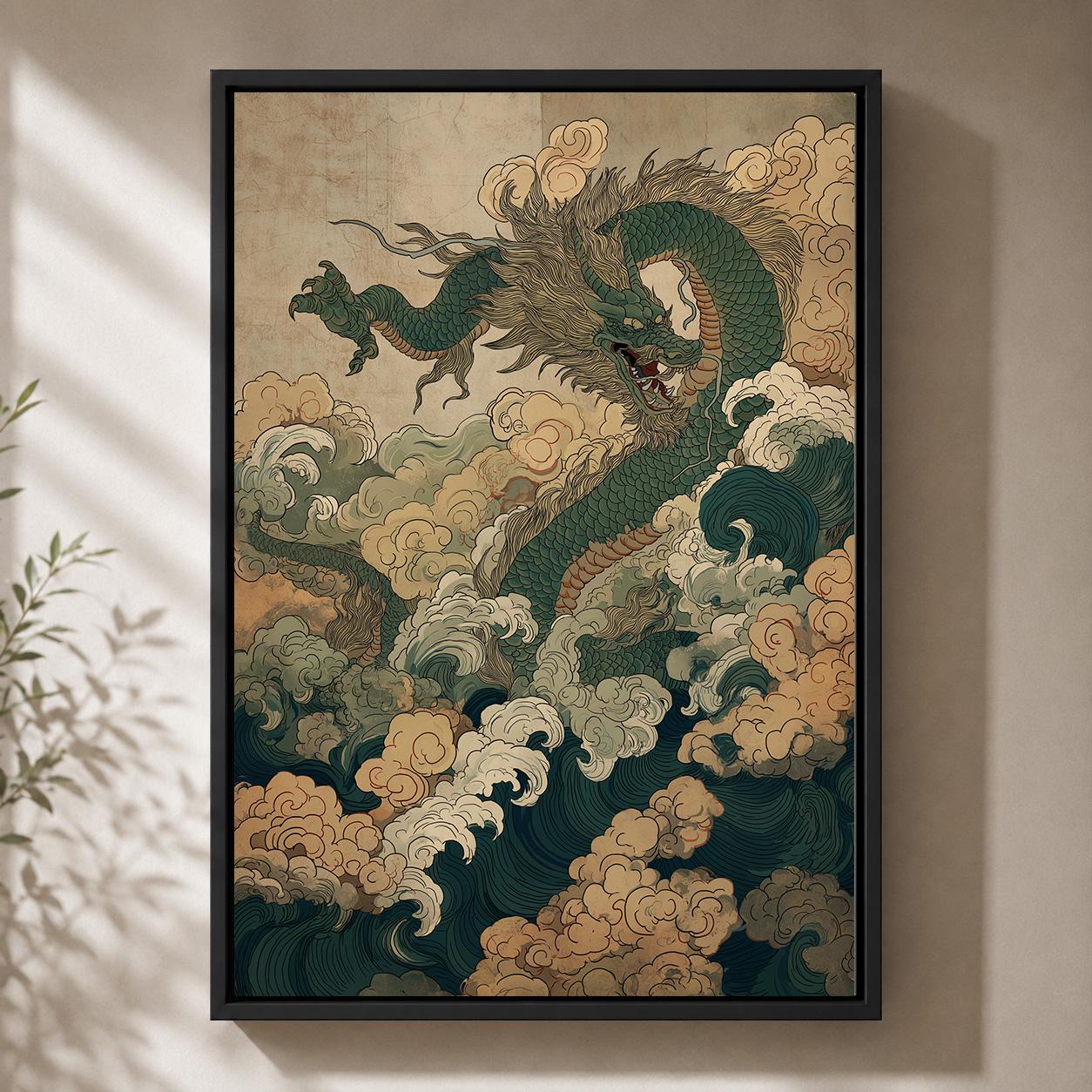 Chinese Dragon and Waves Asian Mythical Oriental Framed Canvas by The Wall Art Studio - physical