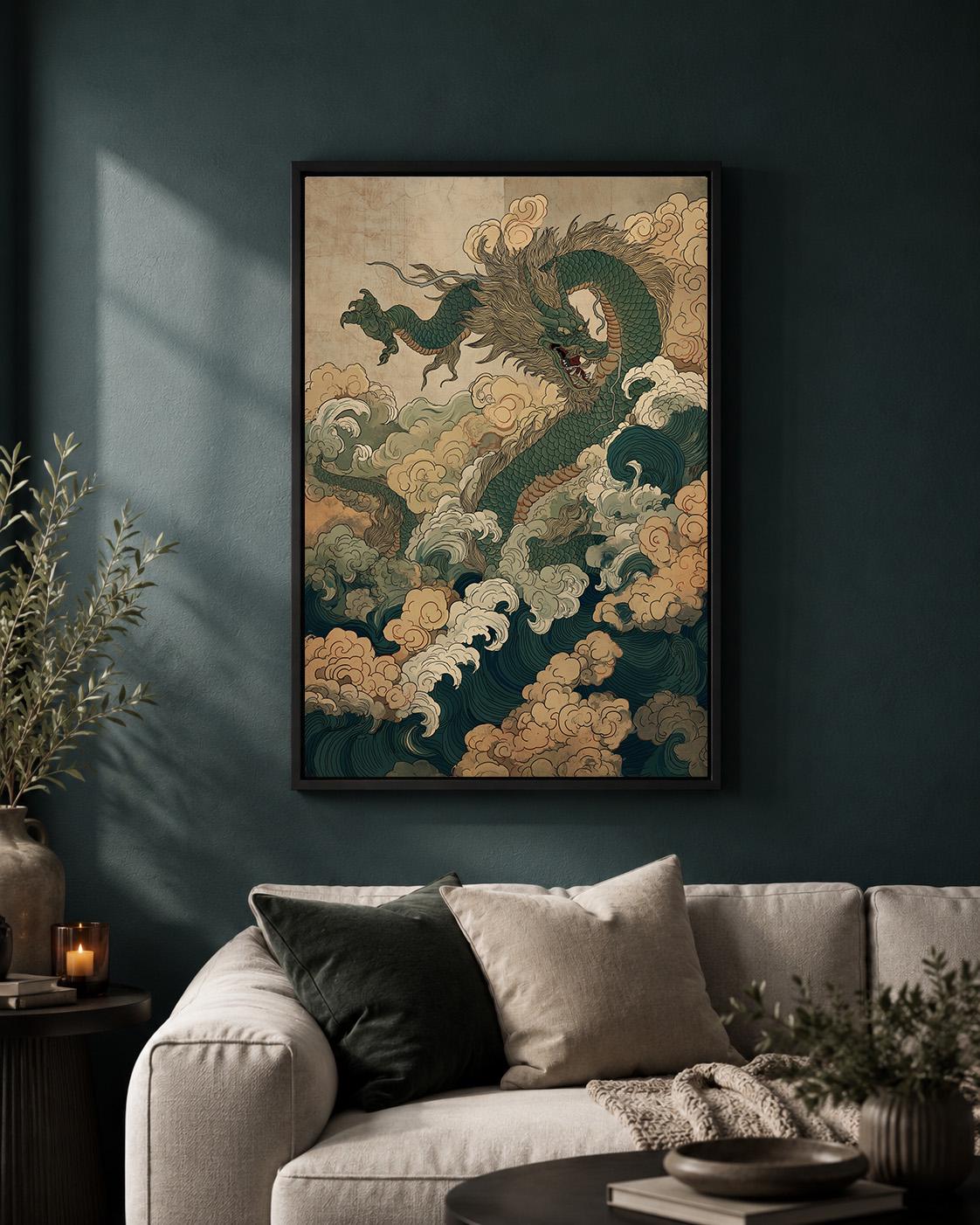 Chinese Dragon and Waves Asian Mythical Oriental Framed Canvas by The Wall Art Studio - physical