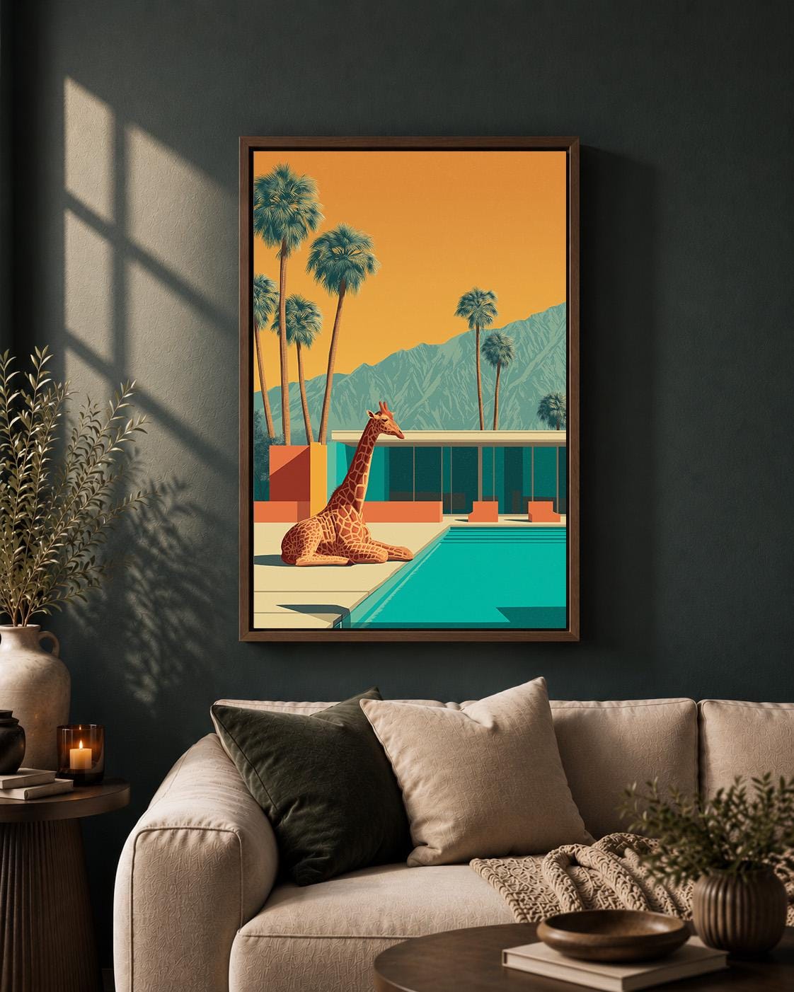 Mid Century Giraffe Palm Springs retro Tropical Pool Framed Canvas by The Wall Art Studio - physical