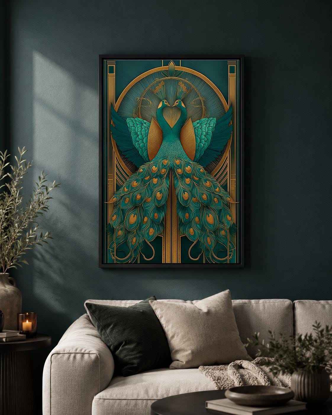 Art Deco Peacock Emerald Green & Gold Gatsby Inspired Framed Canvas by The Wall Art Studio - physical