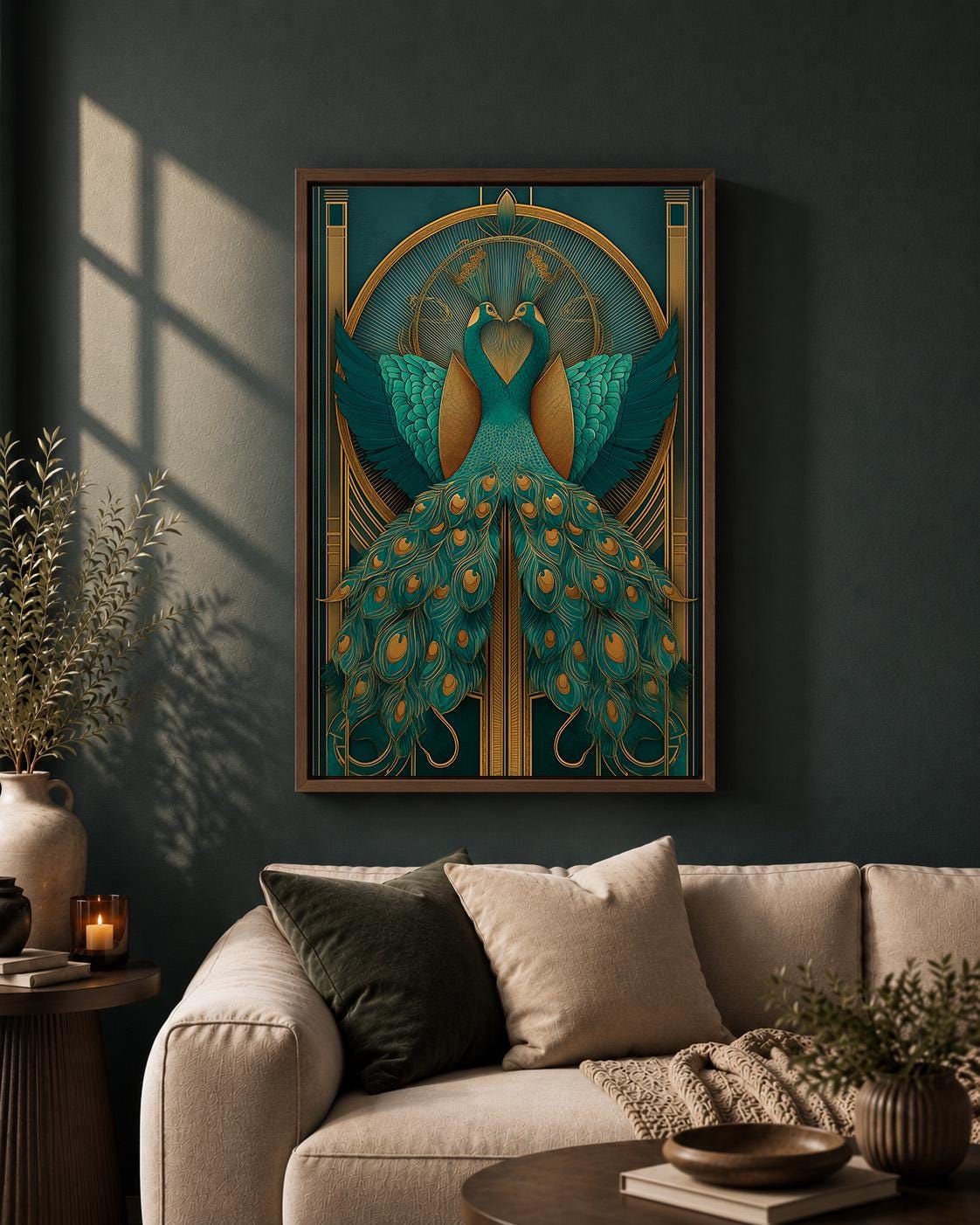 Art Deco Peacock Emerald Green & Gold Gatsby Inspired Framed Canvas by The Wall Art Studio - physical
