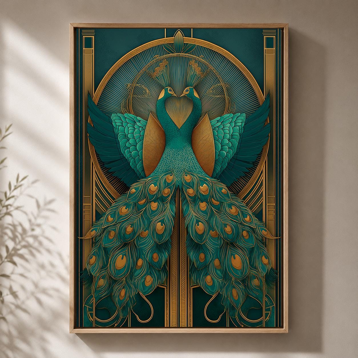 Art Deco Peacock Emerald Green & Gold Gatsby Inspired Framed Canvas by The Wall Art Studio - physical