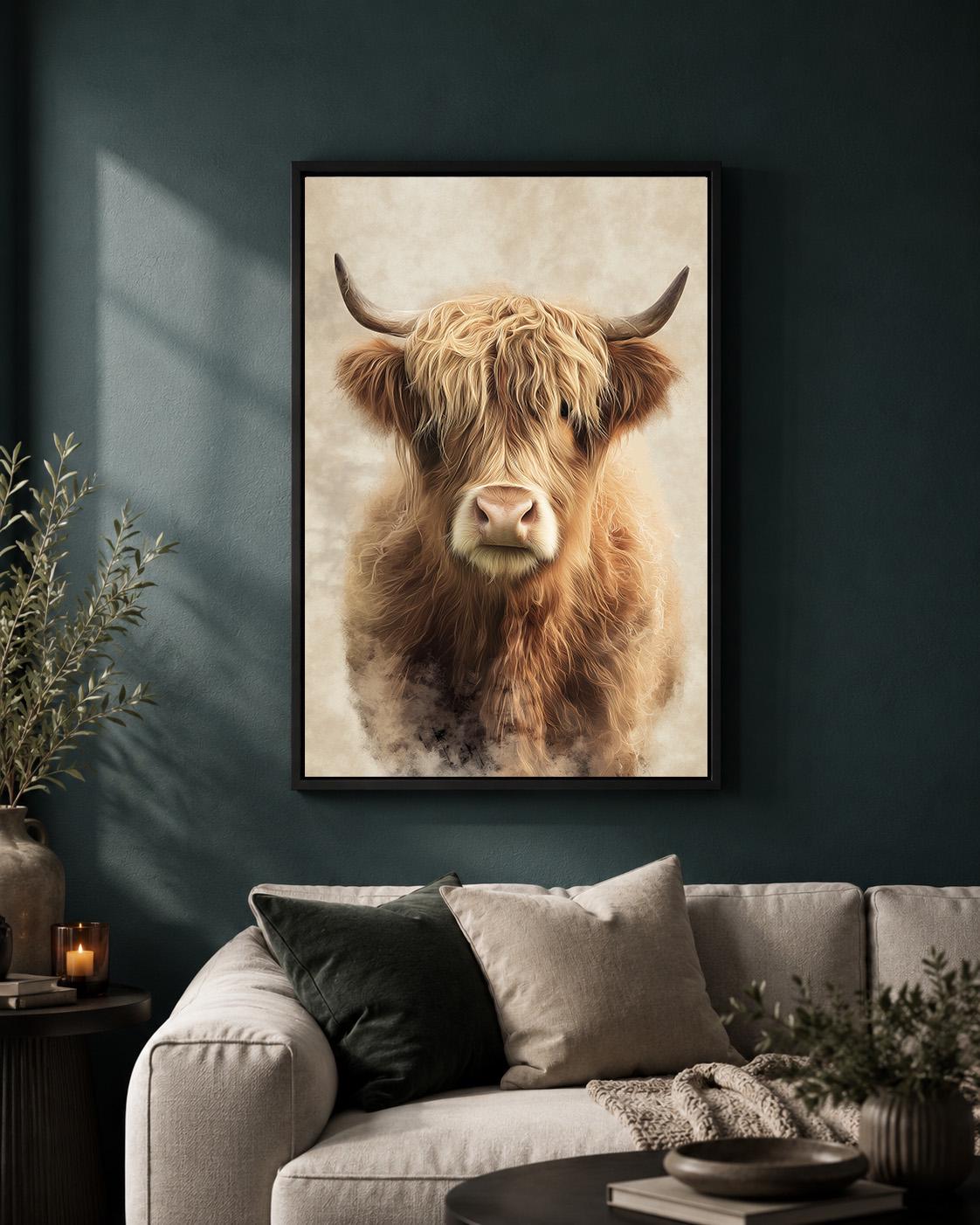 Highland Cow Neutral Farmhouse Scottish Highland Cattle Framed Canvas by The Wall Art Studio - physical