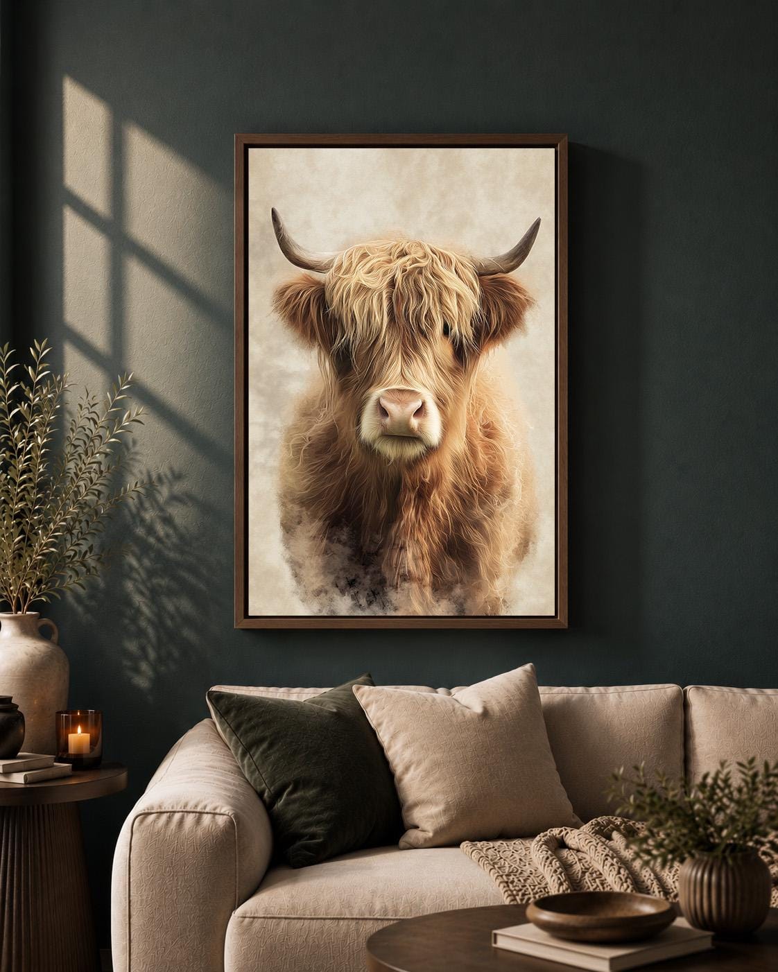 Highland Cow Neutral Farmhouse Scottish Highland Cattle Framed Canvas by The Wall Art Studio - physical