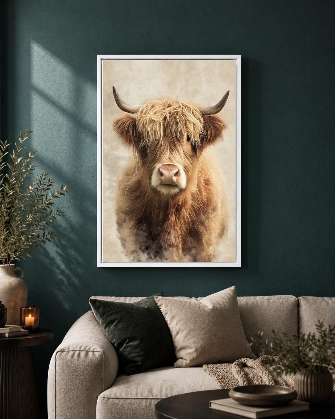 Highland Cow Neutral Farmhouse Scottish Highland Cattle Framed Canvas by The Wall Art Studio - physical
