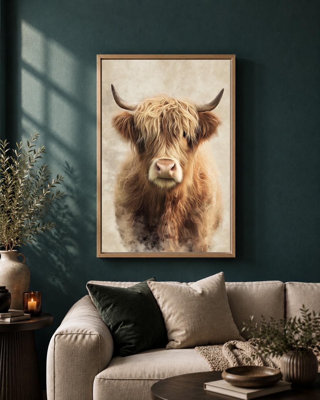 Highland Cow Neutral Farmhouse Scottish Highland Cattle Framed Canvas by The Wall Art Studio - physical