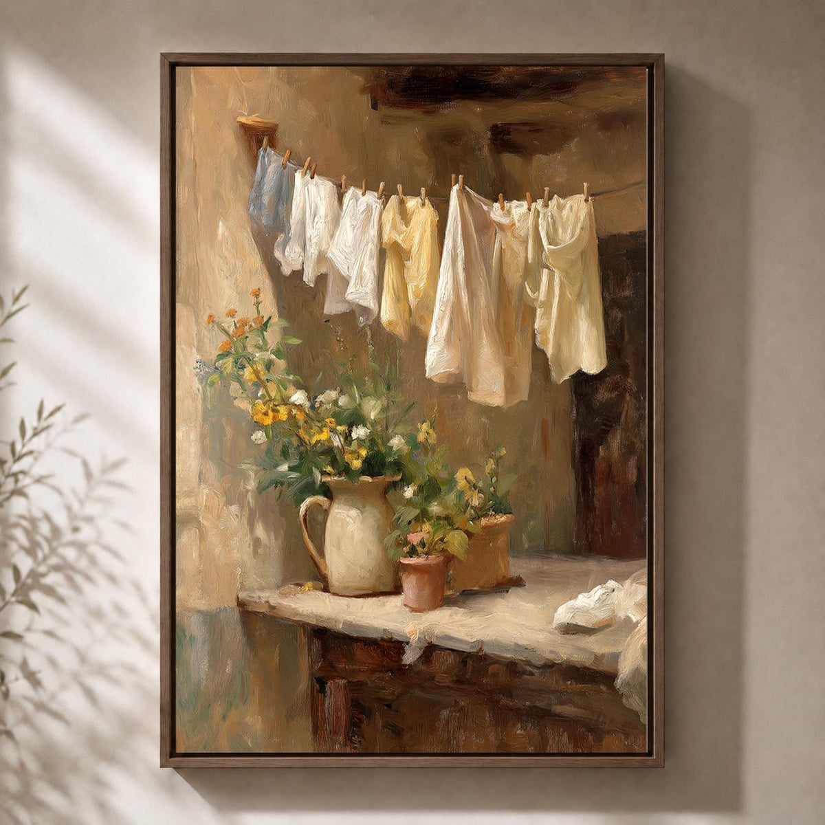 Vintage Laundry Washing Line Rustic Laundry Room Framed Canvas by The Wall Art Studio - physical
