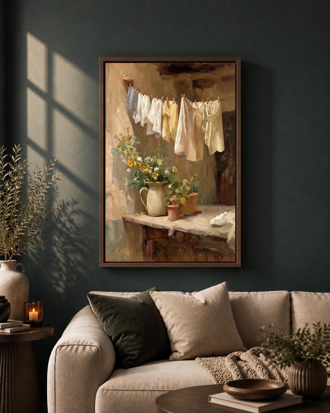 Vintage Laundry Washing Line Rustic Laundry Room Framed Canvas by The Wall Art Studio - physical