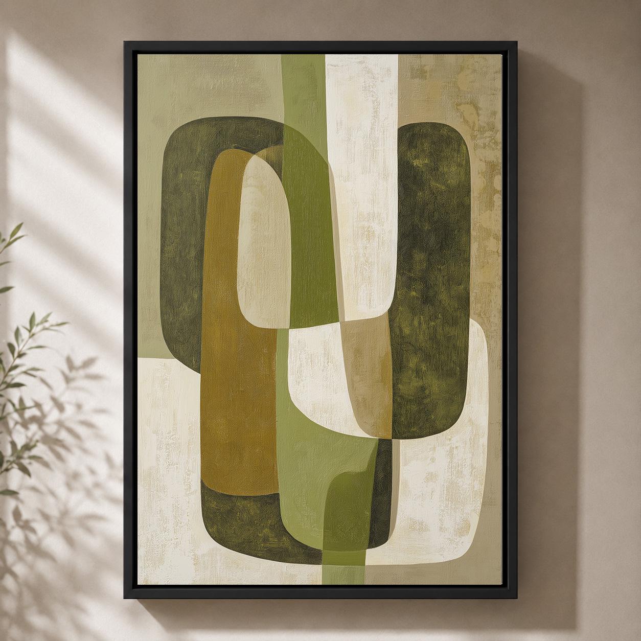 Mid Century Modern Geometric Abstract Green Framed Canvas by The Wall Art Studio - physical