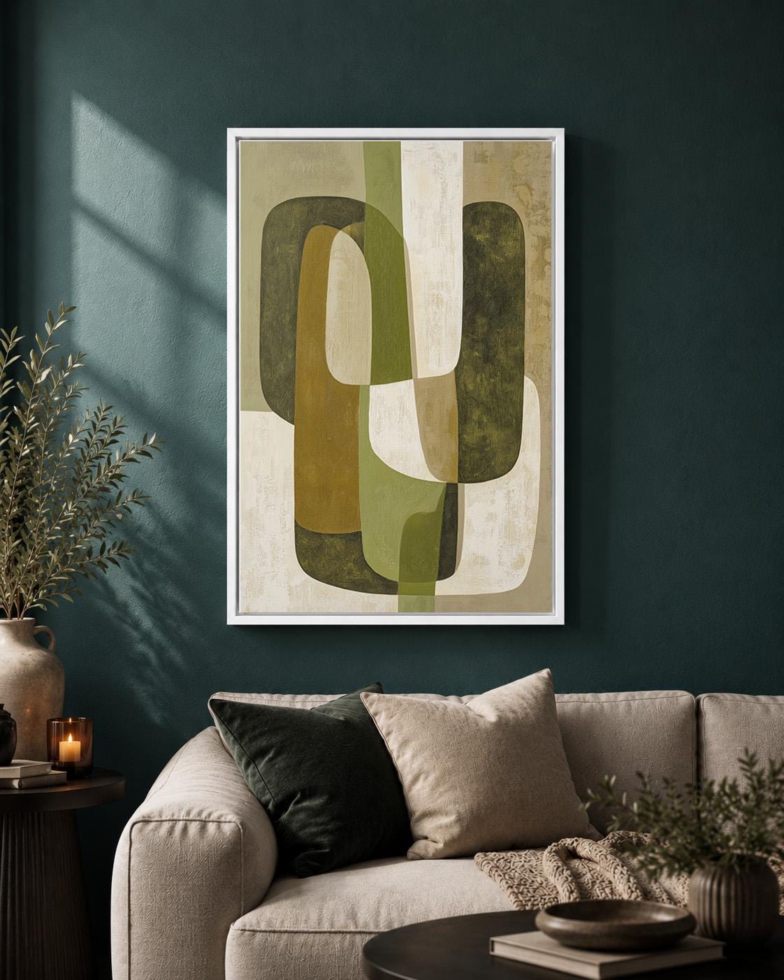 Mid Century Modern Geometric Abstract Green Framed Canvas by The Wall Art Studio - physical
