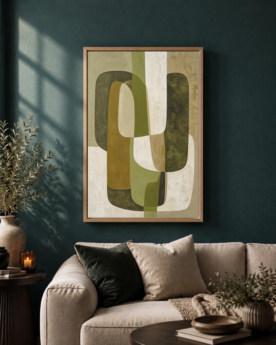 Mid Century Modern Geometric Abstract Green Framed Canvas by The Wall Art Studio - physical
