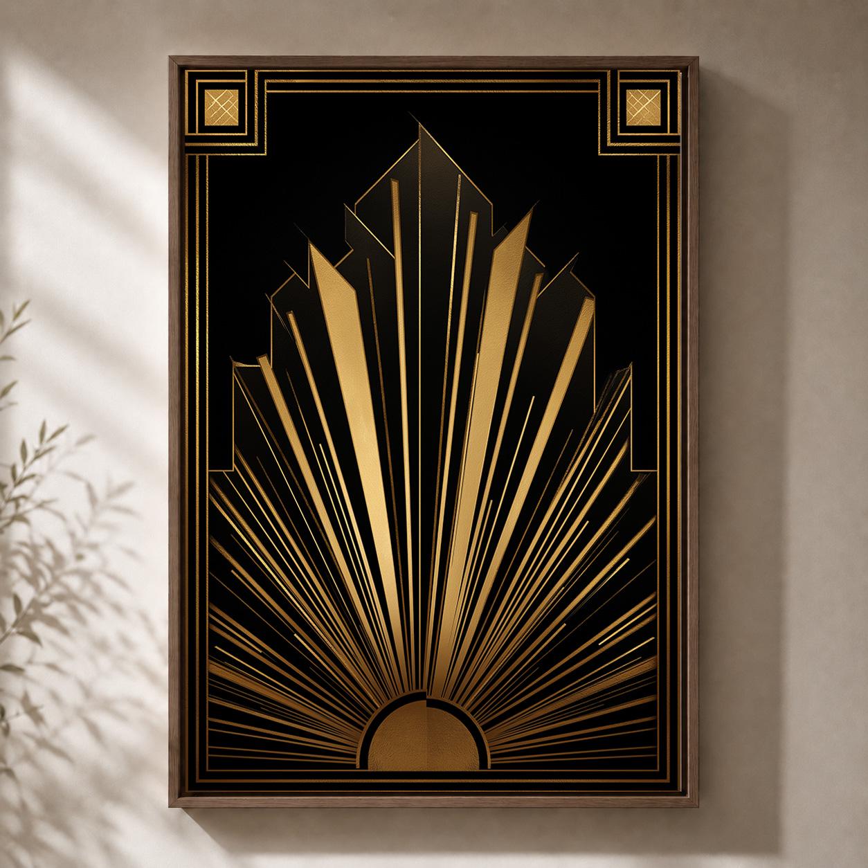 Black and Gold Art Deco Geometric Sunburst Gatsby Style Framed Canvas
