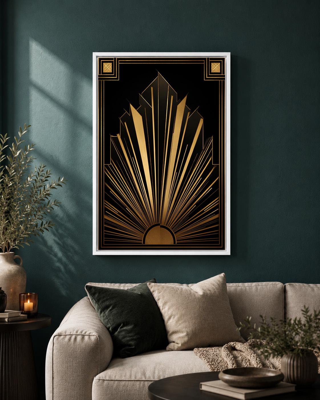 Black and Gold Art Deco Geometric Sunburst Gatsby Style Framed Canvas