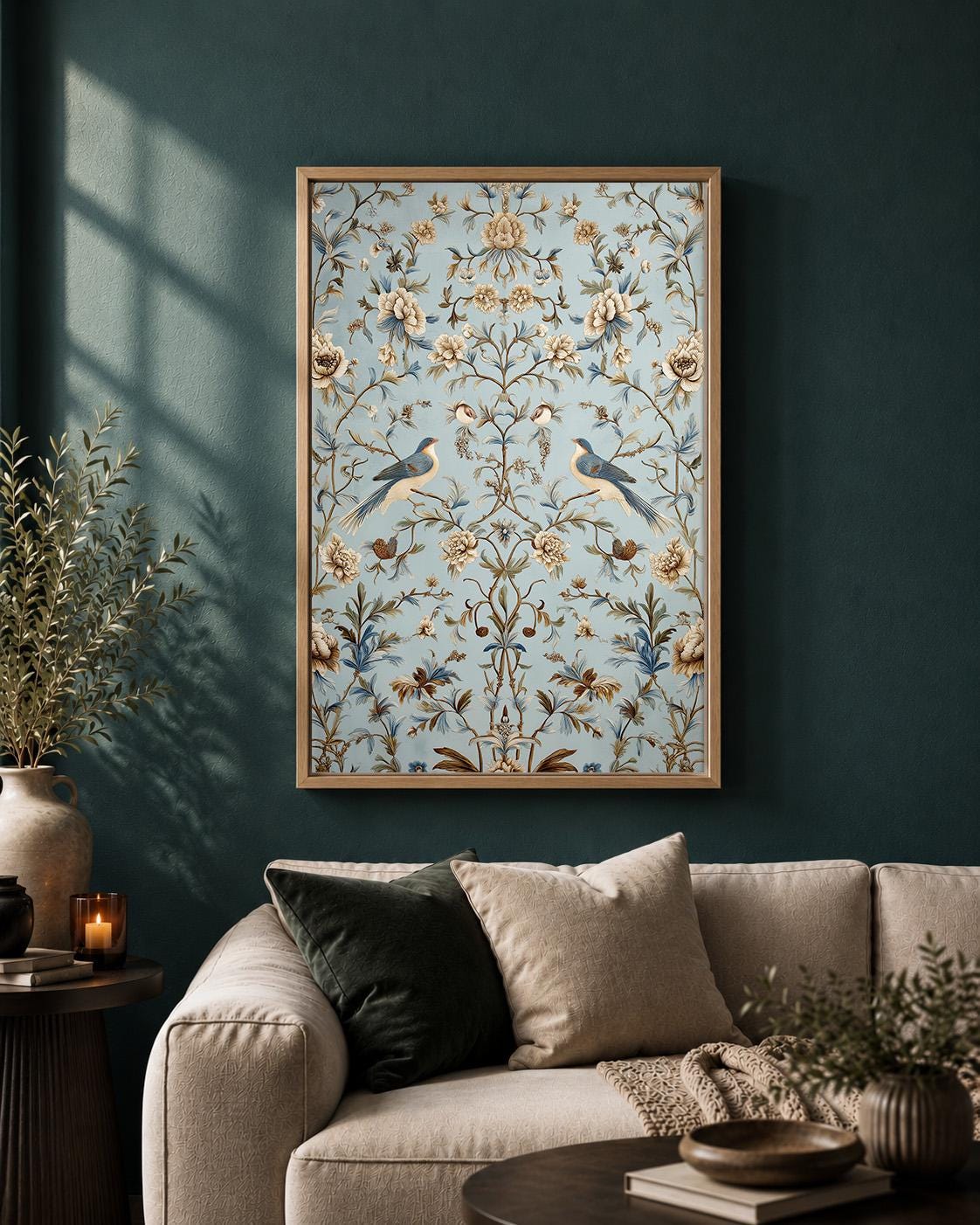 Chinoiserie Blue Bird and Floral Vintage Botanical Elegant Oriental Framed Canvas